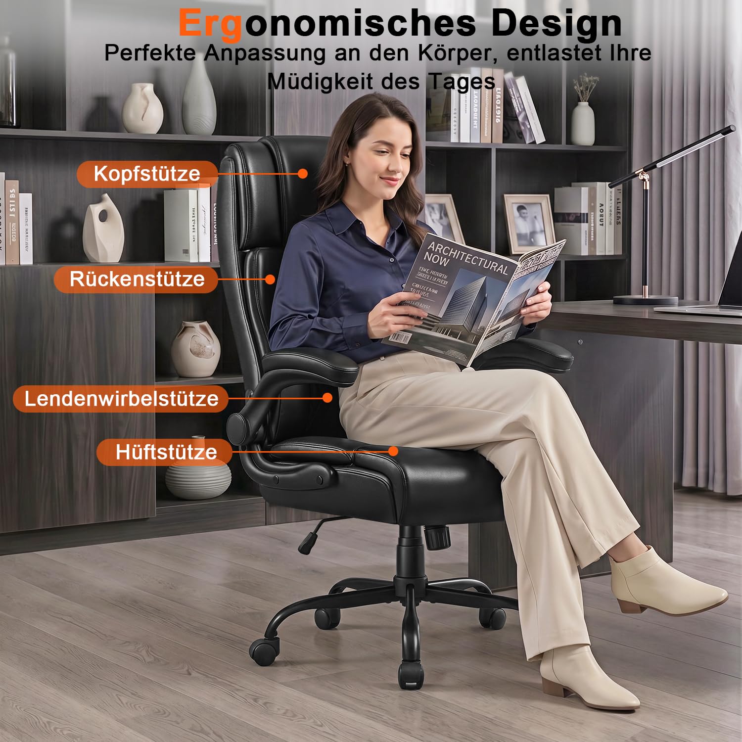 Waleaf Chefsessel Bürostuhl aus Leder, Ergonomischer Bürostuhl mit Hoher Rückenlehne und Verstellbaren Armlehnen, Belastbar bis 150 kg, PC-Stuhl mit Rollen für Büro und Homeoffice, Schwarz