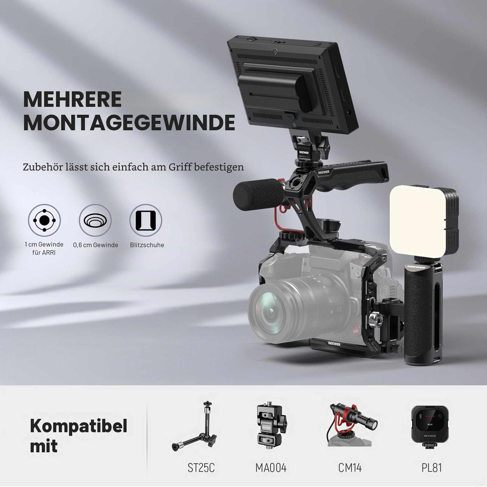 NEEWER Kameragriff mit 9,5 mm Flügelschraube & Locating Pins für ARRI, Rutschfester Silikongriff mit 6,35 mm & 9,5 mm Gewinden, Cold Shoes, kompatibel mit SmallRig Kamerakäfig Zubehör, CA107