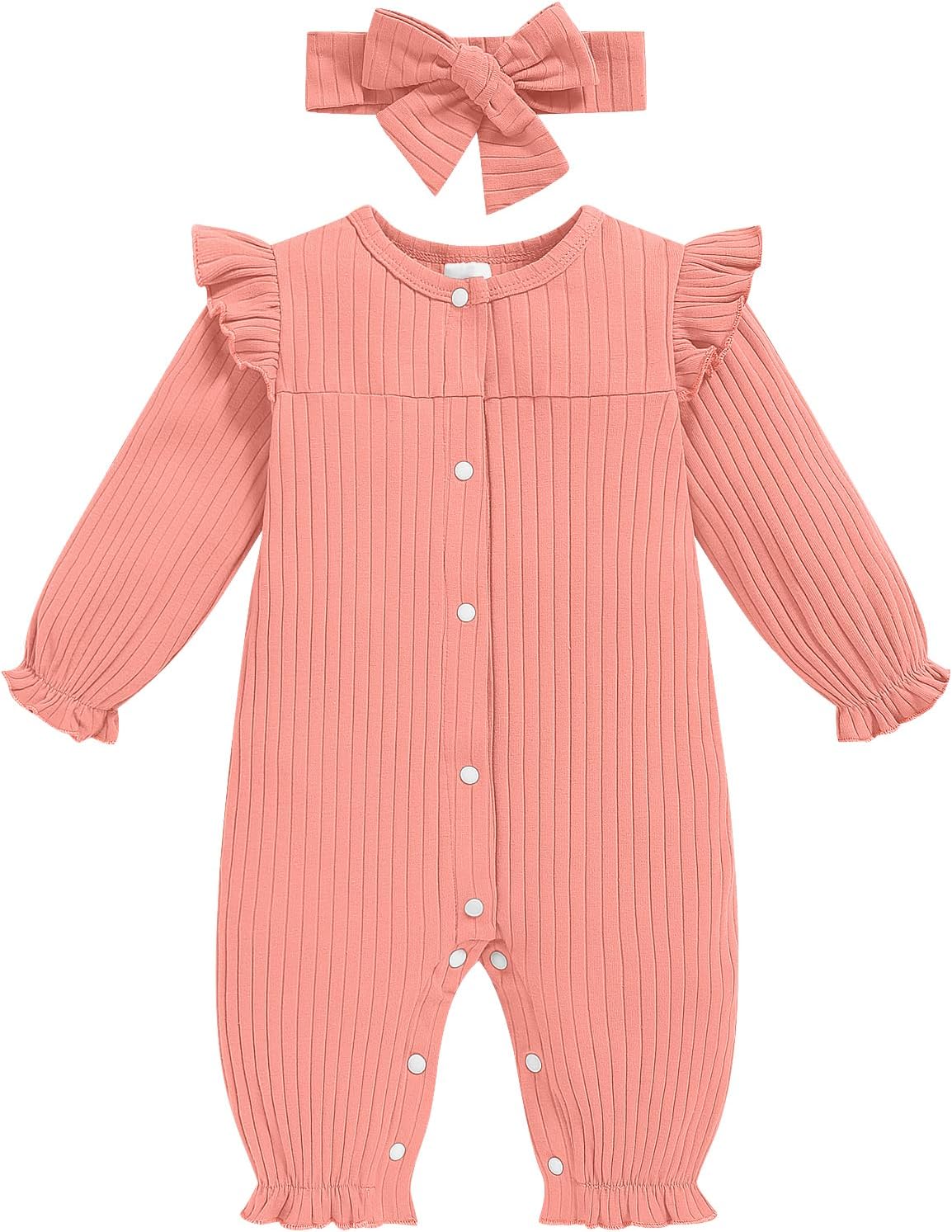Newborn Baby Girl Fall Winter Romper Long Sleeves Ribbed One-Piece Outfits with Headband Coming Home Jumpsuit