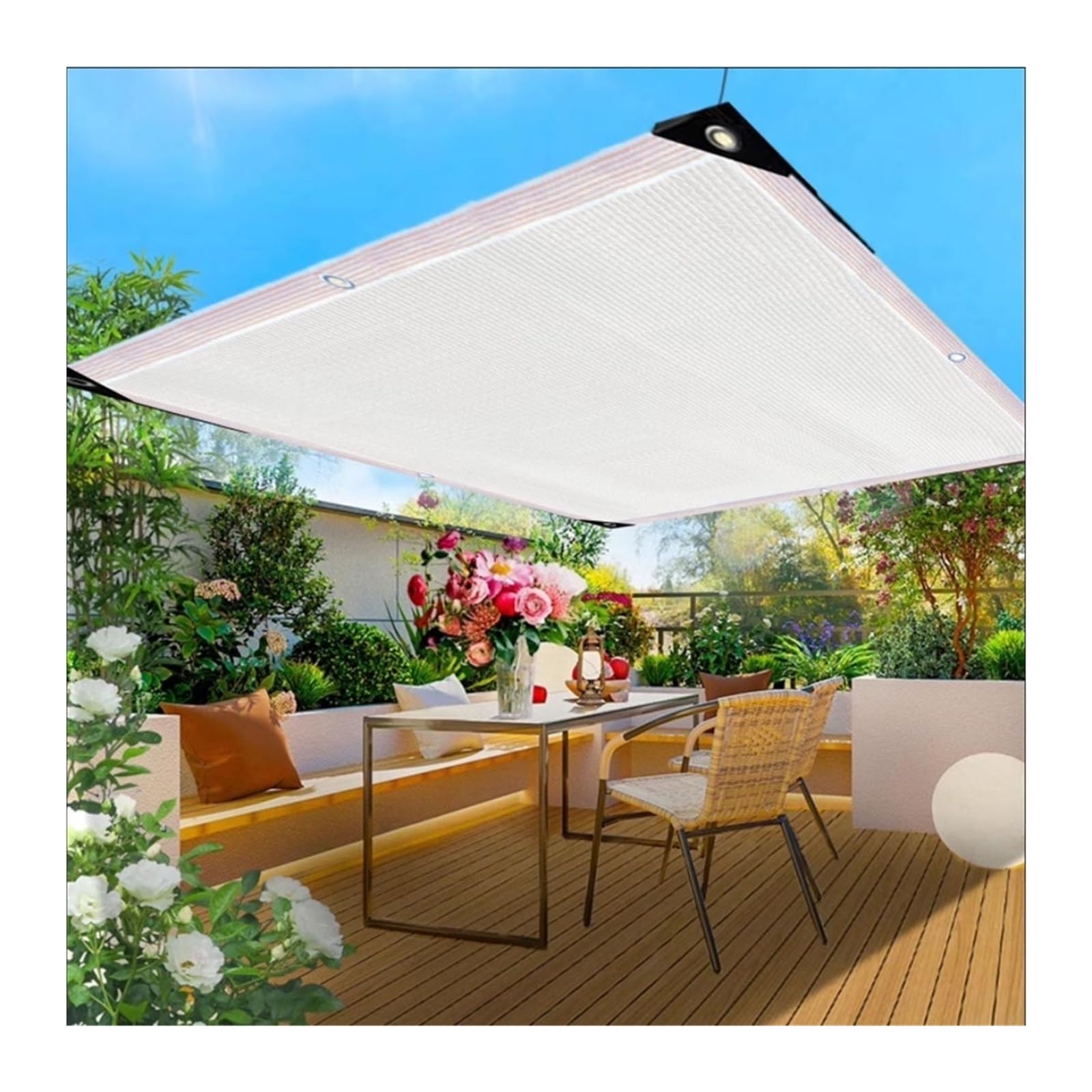 Filet pare-soleil blanc contre la chaleur sur la terrasse
