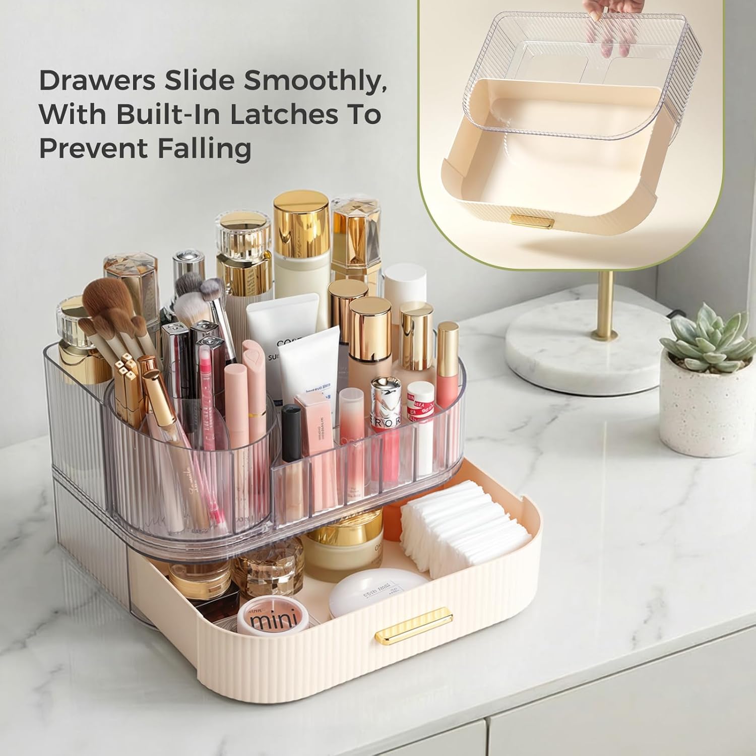 Delamu Makeup Organizer for Vanity with Stackable Drawers, 360 Rotating Makeup Brush Holder Large Cosmetic Display Case, Bathroom Skincare Storage, Elegant White, Ideal Christmas Gifts for Girls - Image 6