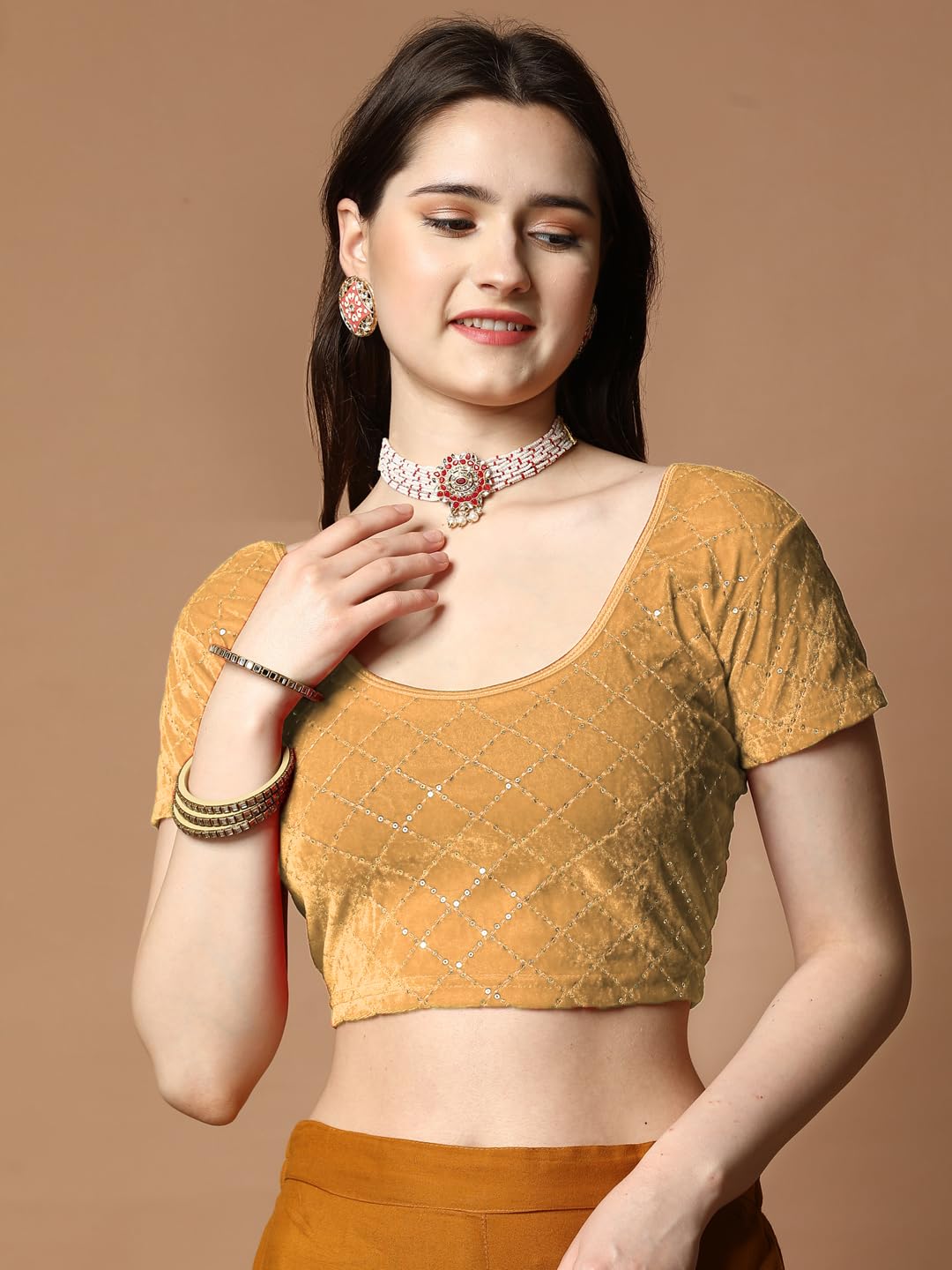 Pujia Mills Women's Velvet Stretchable Blouse (Velvet Chokdi_Chiku_Free Size)