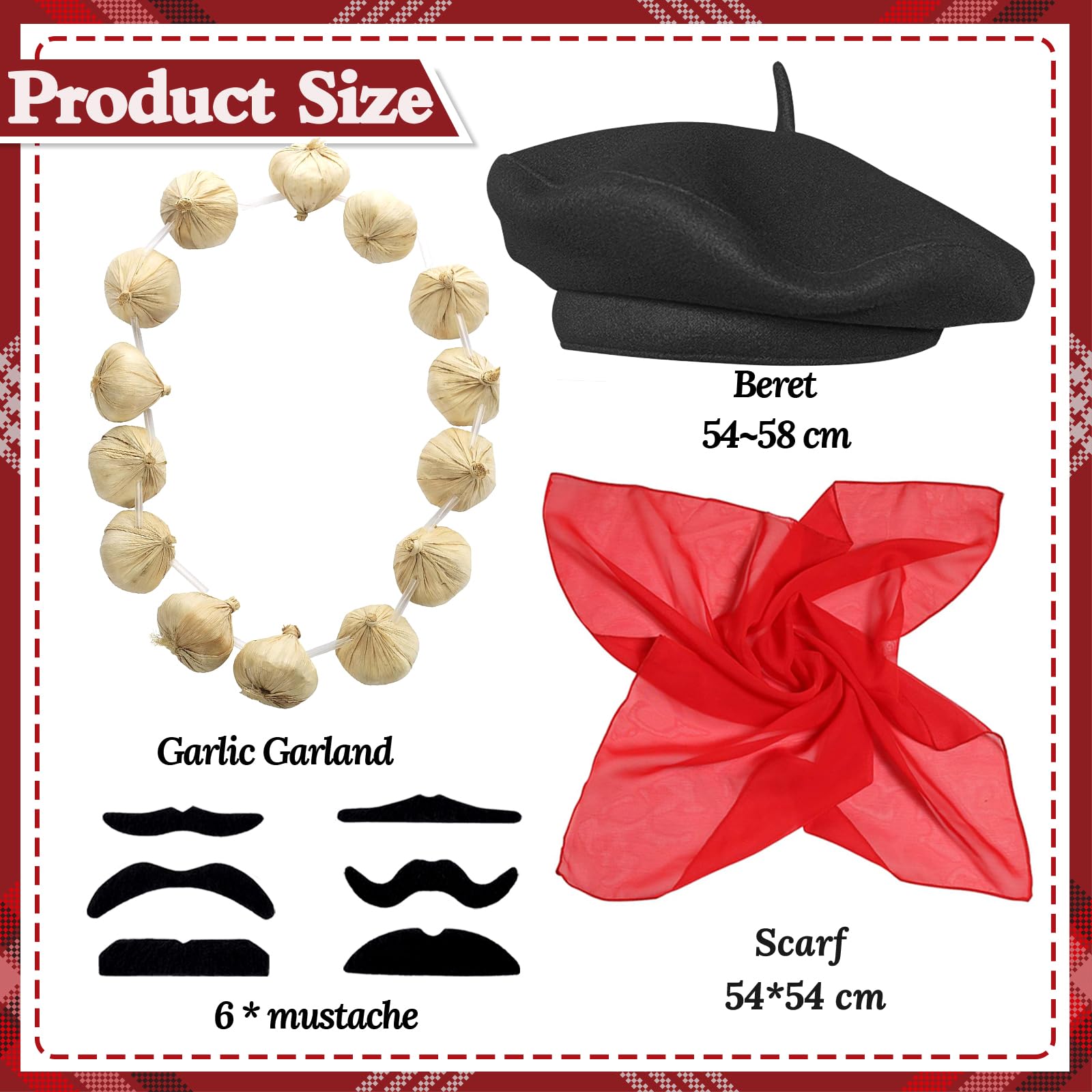 Beamely French Men's Set, Fancy Dress Costume Accessories Kit with Red Beret, Moustache Scarf - Image 2