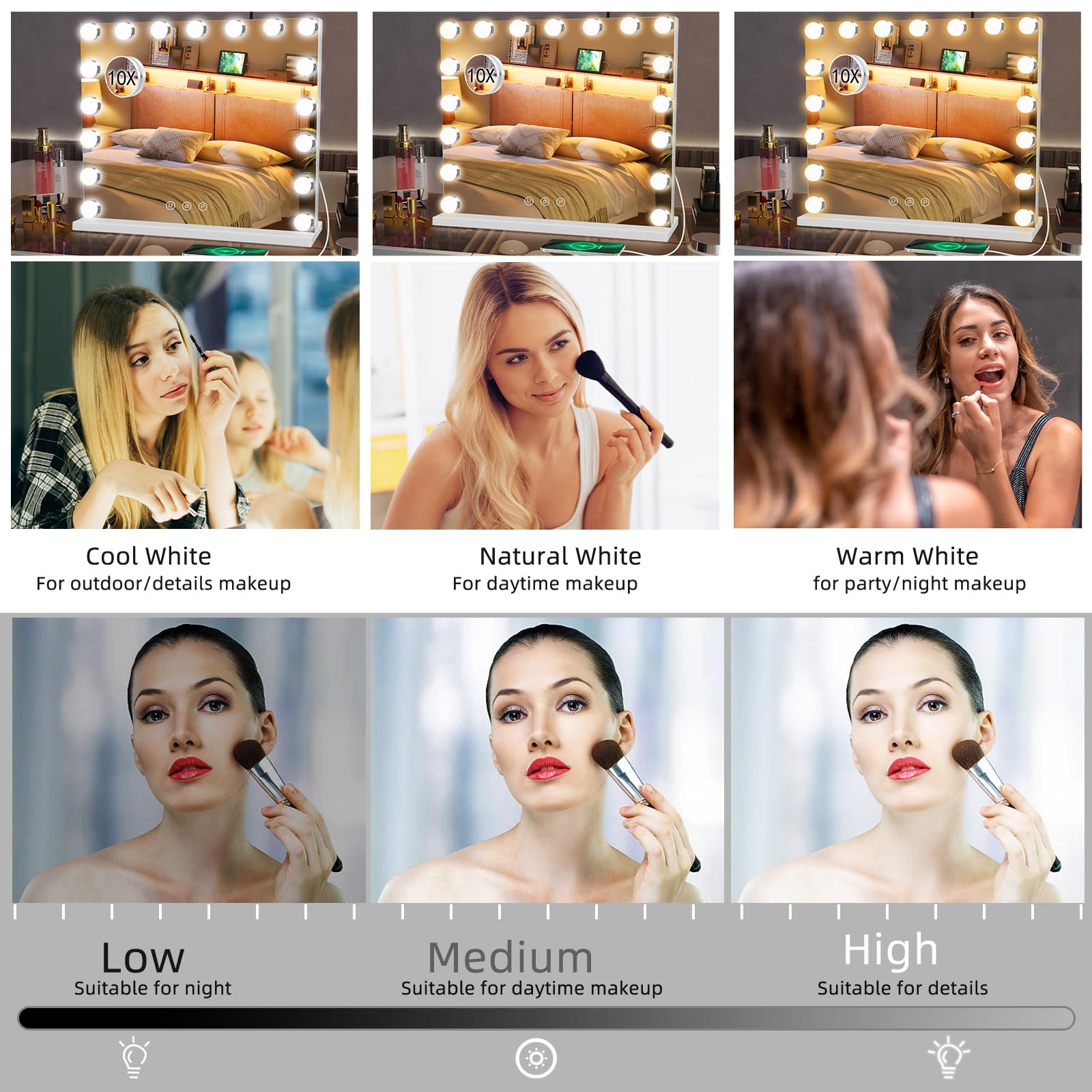 Teousev Hollywood Specchio Trucco con luci, Specchio Trucco con 17 lampade LED, Illuminato Specchio da Tavolo con 10x ingrandente, 60x52cm