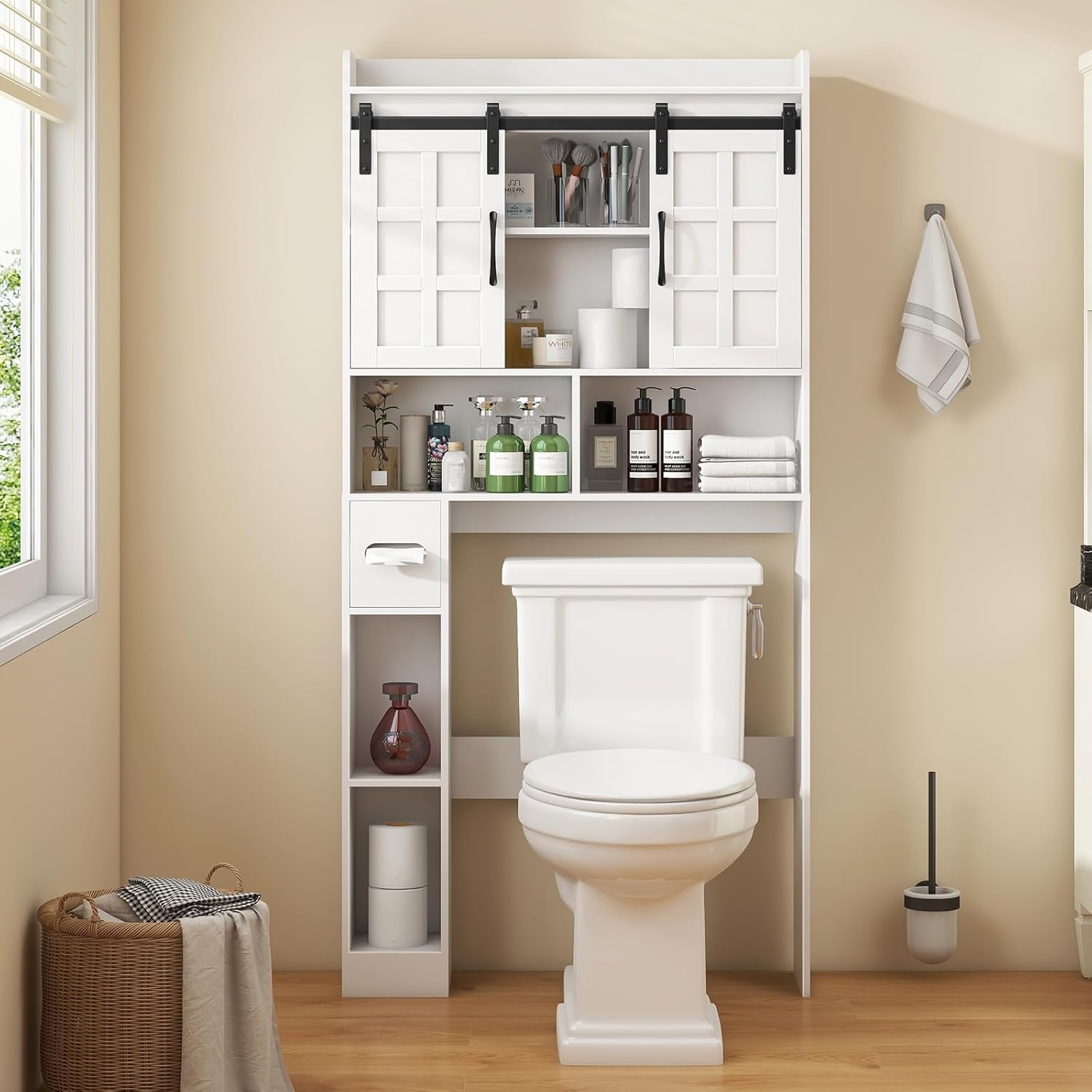 Over The Toilet Storage Cabinet, Farmhouse Storage Cabinet Over Toilet with Sliding Doors，Home Space-Saving Toilet Rack, for Bathroom, Restroom, Laundry,White