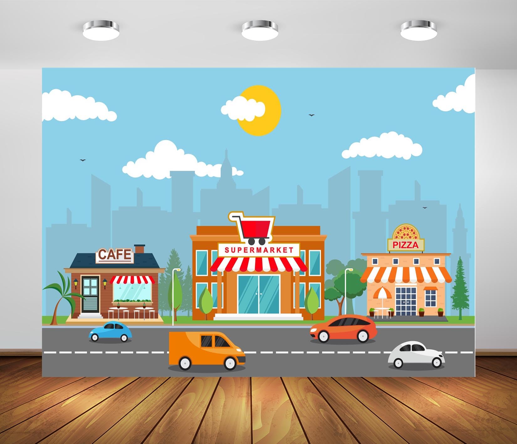 BELECO 7x5ft Fabric Cartoon Town Business Street Backdrop Cafe Supermarket Pizza Store Background Kids Birthday Party Decor Photoshoot Booth Studio