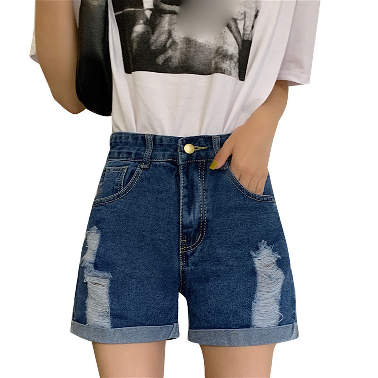 JEKE-DG Women's Casual High Waisted Distressed Shorts Ripped Rolled Hem Stretch Shorts Jeans Folded Hem Denim Shorts (Medium,Dark Blue)