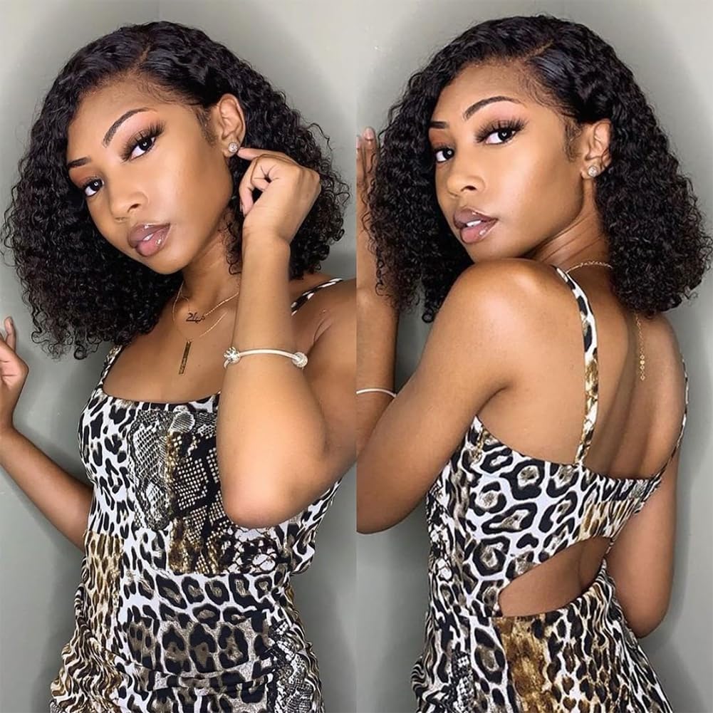 HUA 14 Inch I Part Lace Wig Curly Bob Human Hair Wig for Black Women, Short Curly Bob I-Part Lace Wig, Glueless Natural Look for Daily Wear, Work &