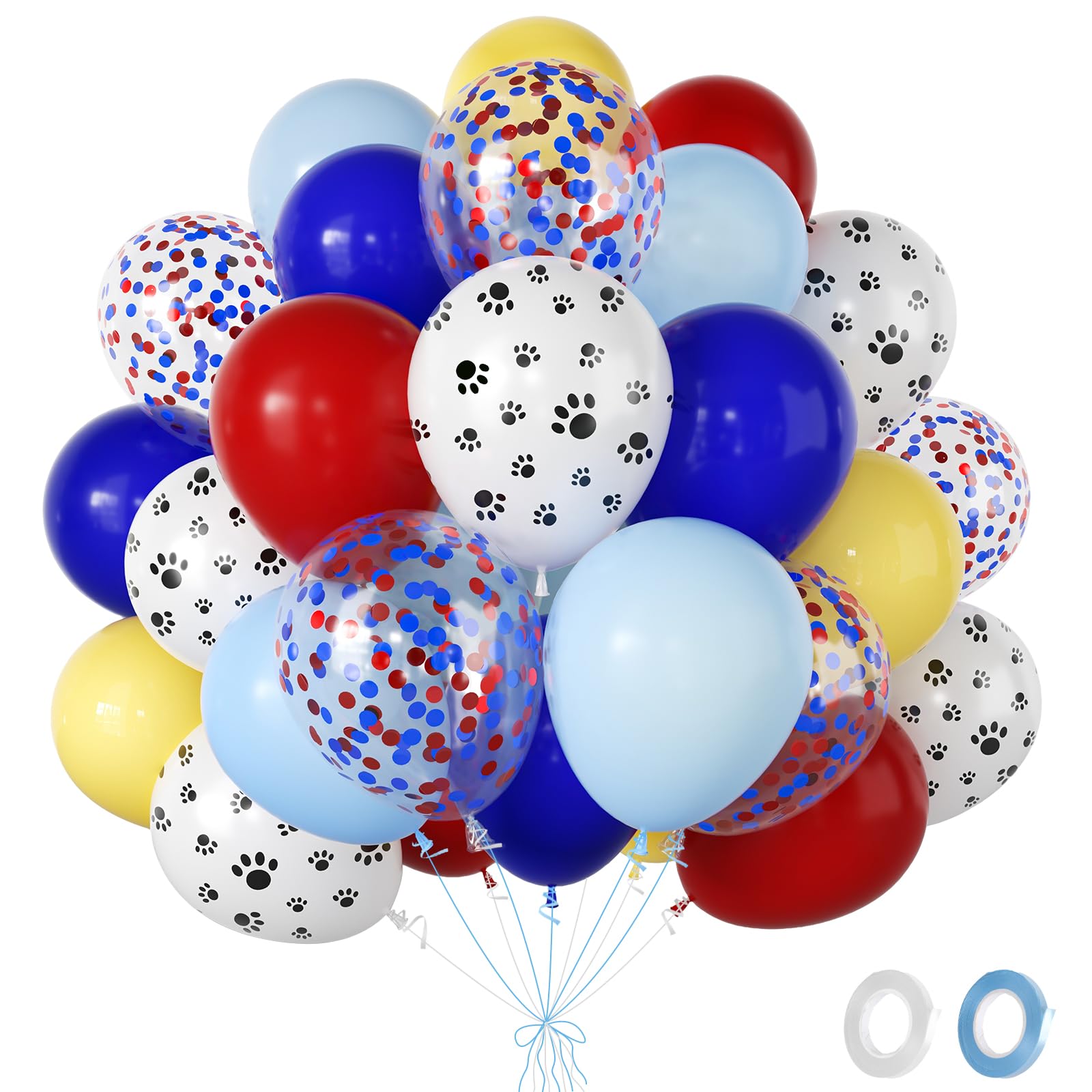 Fairymaiden Dog Paw Balloons- 60Pcs Yellow Red Navy Blue Balloon With Metallic Confetti Ballon, Helium Balloons For Puppy Theme Birthday Engagement Baby Shower Princess Party Valentines Day