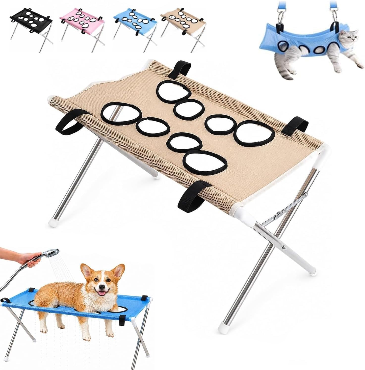 Dog Grooming Hammock Pet Bath Stand Cat Bathing Stand for Small/Medium Dogs and Cats, Mesh Bath Support for Nail Trimming, Bathing, Grooming & Pet Care，Coffee