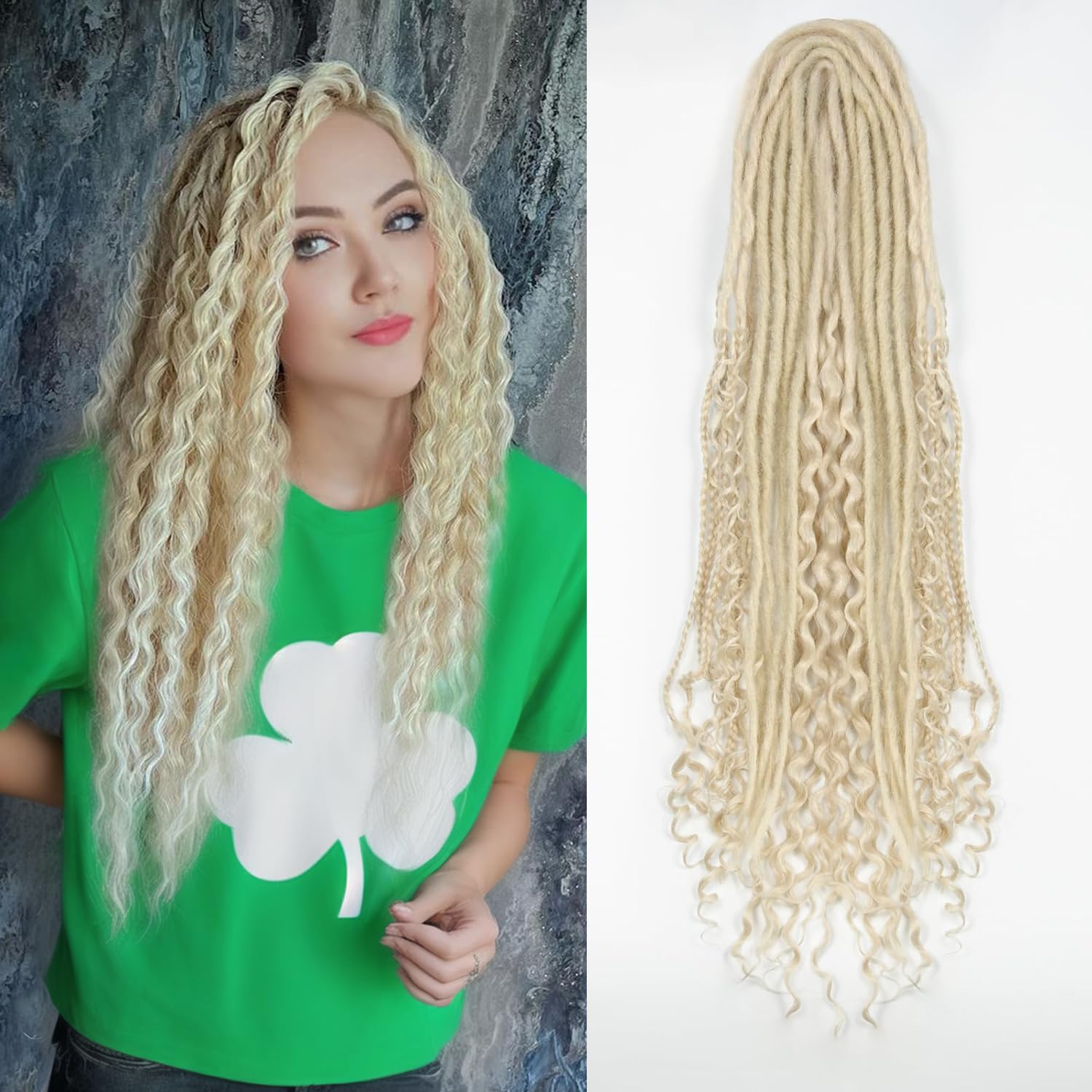 DE Dreadlock Extensions 24 Inch 3 In 1 Synthetic Dreads Extensions Mixed DE Dreads Hippie Style 15 Strands Handmade Braid in Dreadlock Extensions Soft Double Ended Curly Boho Wavy Dreads Women (613)