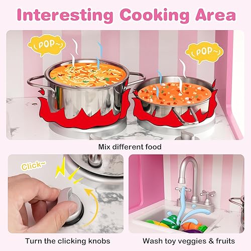 Miniatura 3 de Costzon Juego de cocina para niños, cocina de madera con luces LED de lujo, máquina de hielo, horno, lavadora, teléfono de juego, juego de juguetes