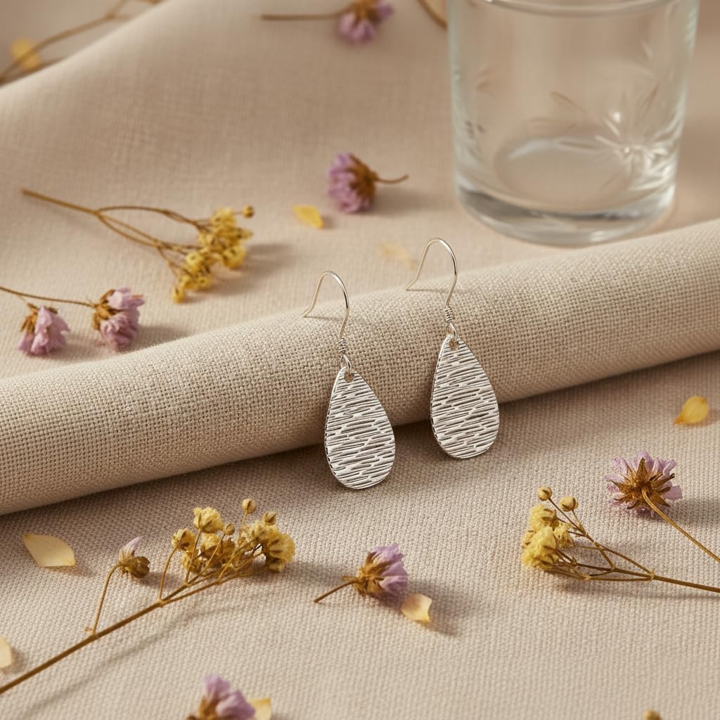 925 Sterling Silver Teardrop Dangle Earrings for Women | Minimalist Textured Drop Dangling Earrings | Hypoallergenic Trendy Dangly Jewelry Christmas Gifts - Image 7