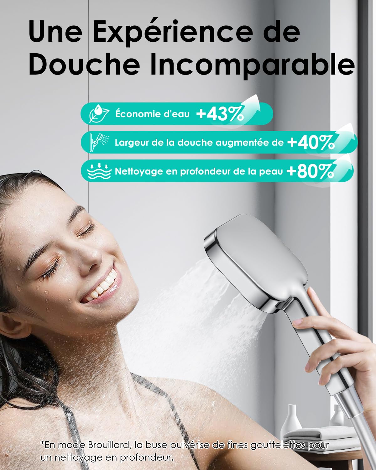 Pommeau de Douche Economie Deau, Anti Calcaire Douchette【Silicone de Qualité Alimentaire】【Économique 43% - 7,3 l/min】, Haute Pression, Douchette Grande 135 mm, 3 Modes de Jet, Chrome (sans tuyau)