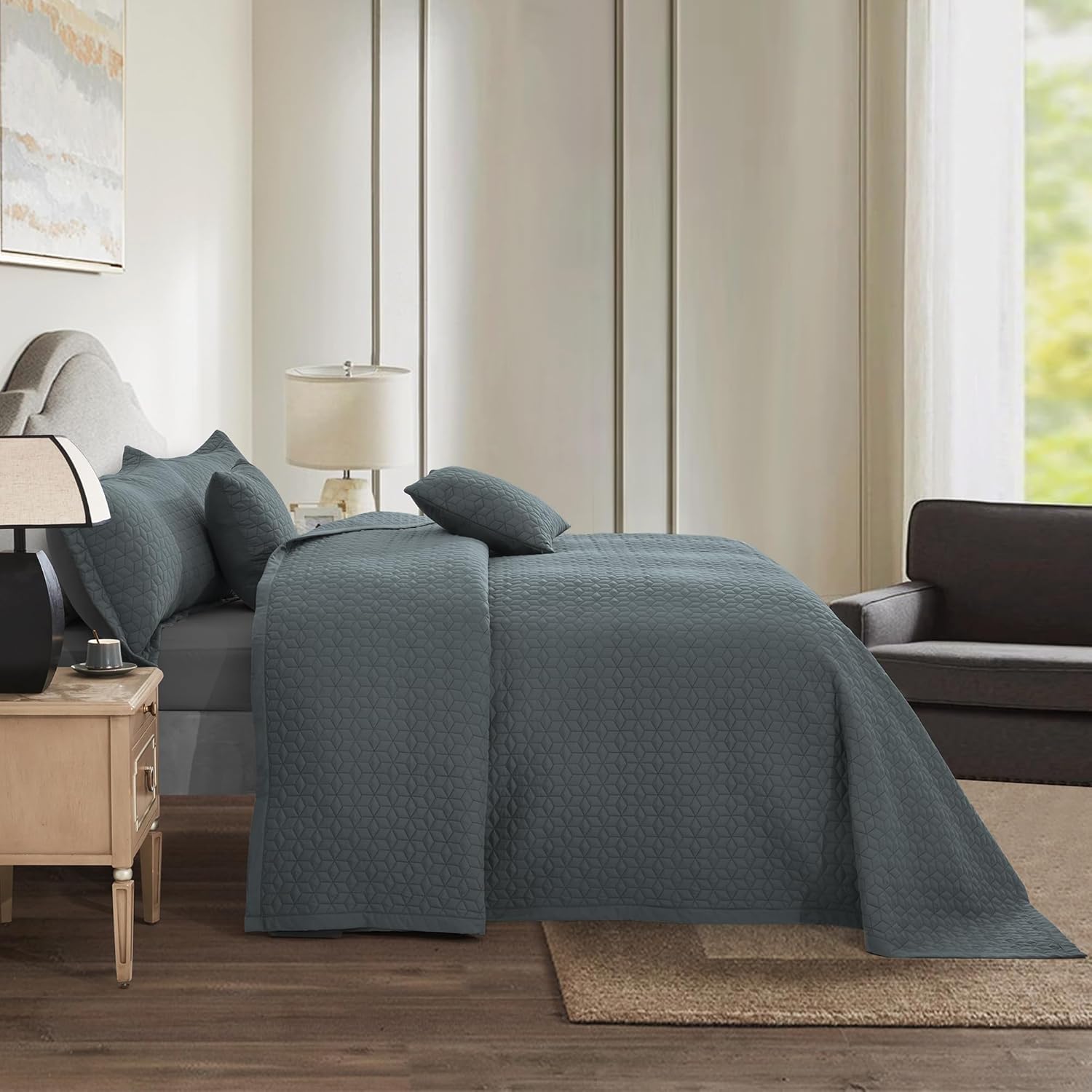 Oversized King Bedspread 128x120 Extra Wide, Modern & Contemporary Look, Lightweight Bedding Cover, Reversible, 5 Piece, 100% Microfiber, Silver Grey