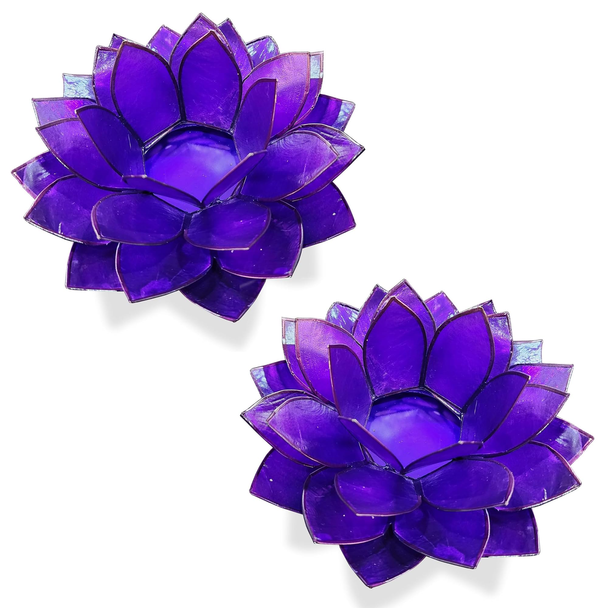 Moonshadow Handmade Capiz Shell Lotus Tea Light Holder, Elegant Blooming Flower Design, Natural Translucent Finish, Ideal for Home Decor, Meditation, Weddings & Serene Centerpieces, Set of 2, Purple