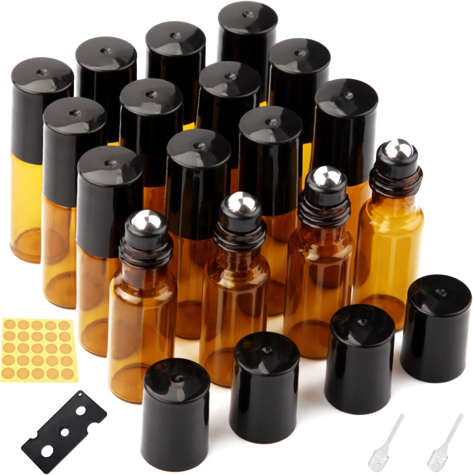 DKBT Essential Oil Roller Bottles 16Pcs 5ml Empty Rollerball Bottle with Stainless Steel Roller Balls Amber Glass for Essential Oils Perfumes Cosmetics Aromatherapy Massage
