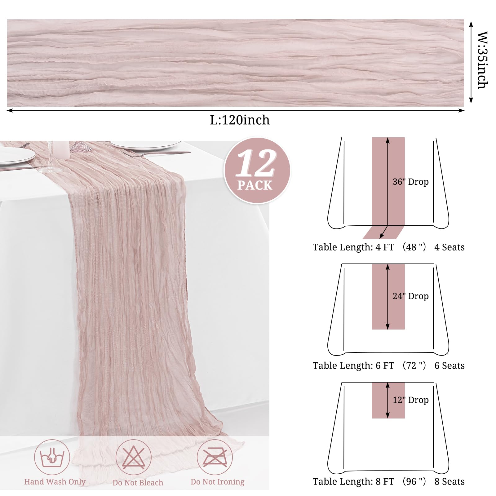 Paquete de 12 caminos de mesa de gasa rosa polvoriento, 35 x 120 pulgadas, 10 pies, camino de mesa rústico bohemio para boda, despedida de soltera, graduación, banquete, decoración de mesa