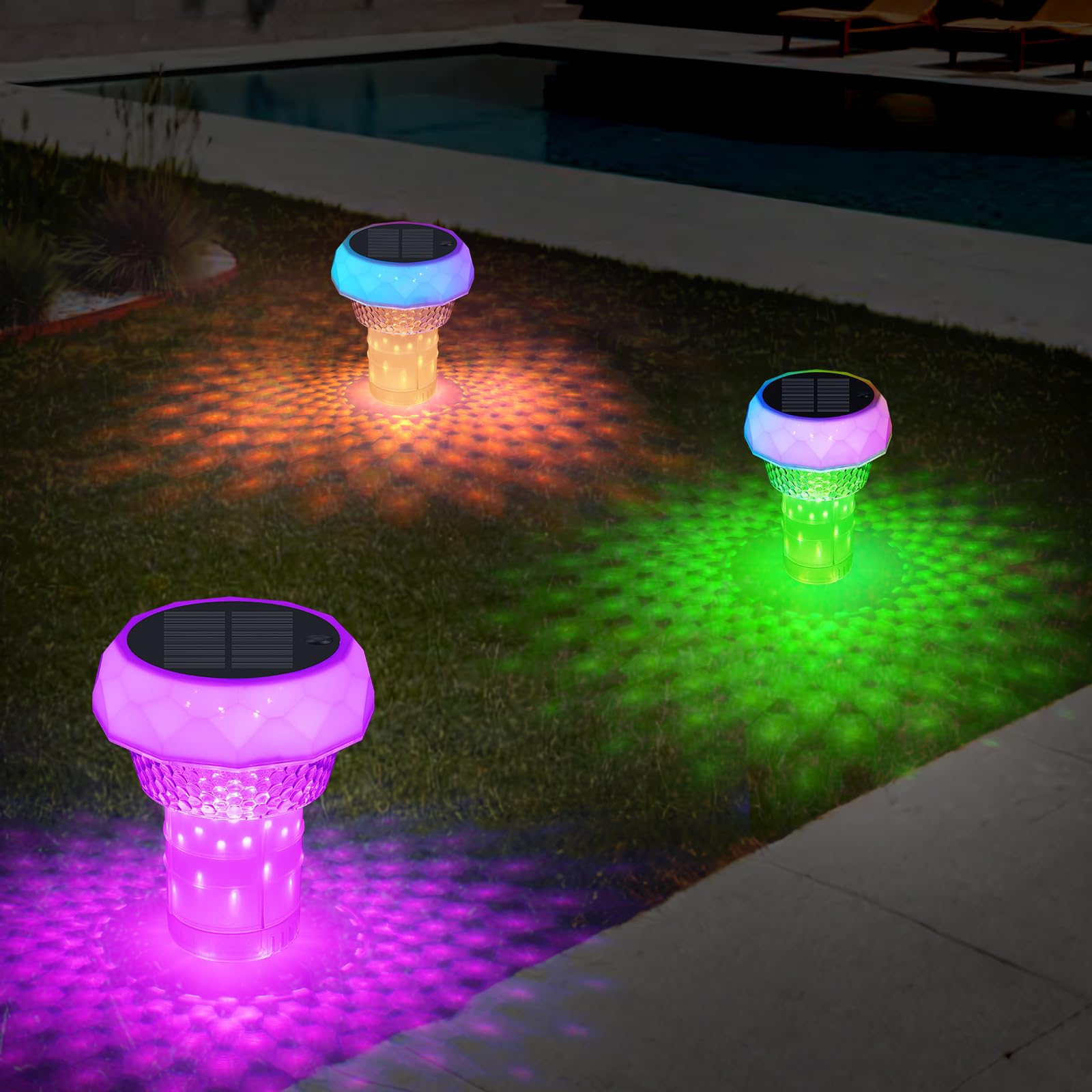 Lot de 2 flotteurs de chlore solaires pour piscine avec lumière automatique à détection de l'obscurité – Distributeur flottant pour tablettes de 7,6 cm (non incluses), chlorinateur anti-coulement et