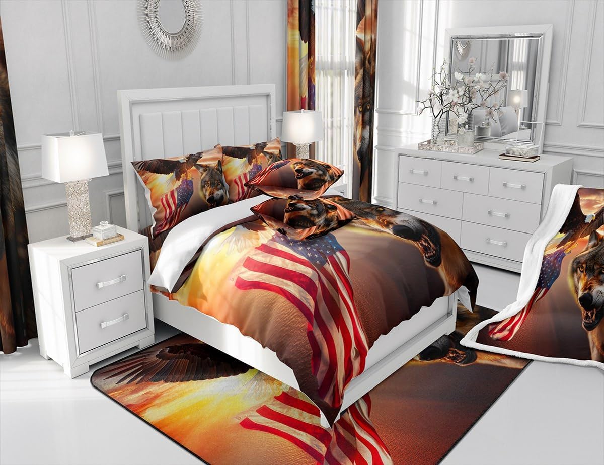 Manfei Kids 3D Wolf Window Curtains Eagle and American Flag Print Window Treatments Animal Theme Window Drapes for Boys Teens Room Decor Grommet Top 2 Panel Set Bedroom Curtains, 52Wx96L inch