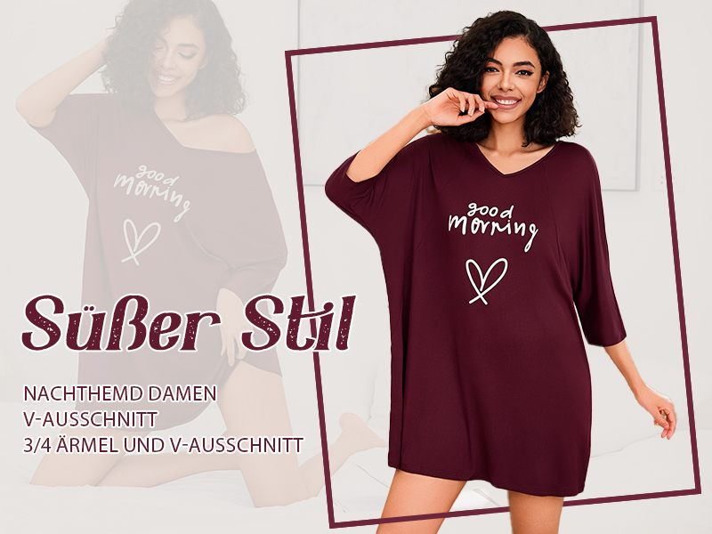Uniexcosm Damen Nachthemd - Baumwolle 3/4 Ärmel Mit V-Ausschnitt | Oversize Schlafshirt S-3XL