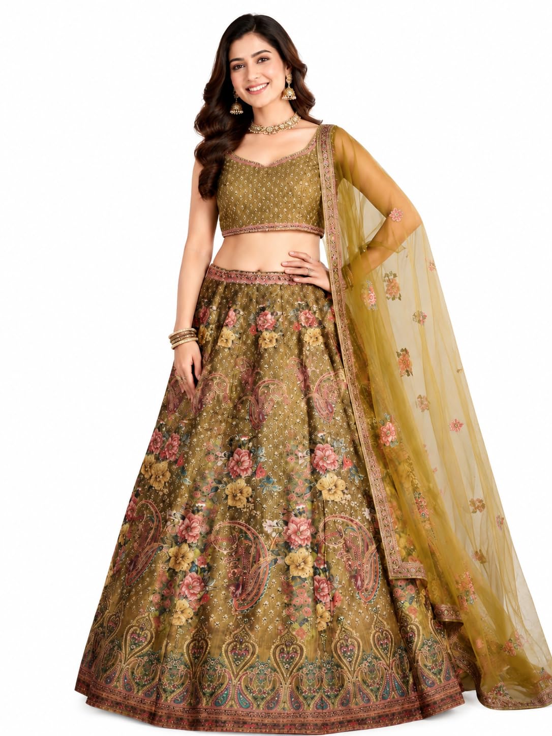 Golden Yellow Floral Lehenga Choli with Dupatta-image-14