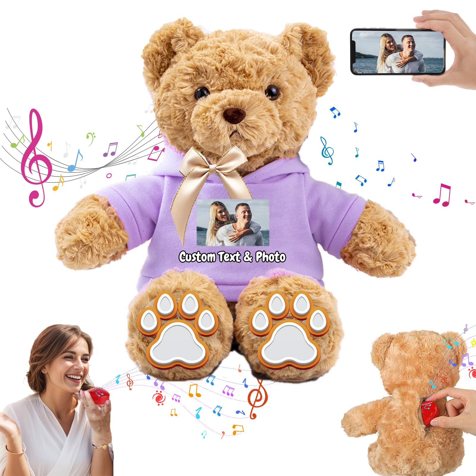 MeterBear Personalised Teddy Bear with Voice Recorder, Customised Gifts Stuffed Teddy Bear with Bow Text as Personalised Gift for Girls Boys on Birthday Christmas Valentines Day (11 inch-Text+Photo)