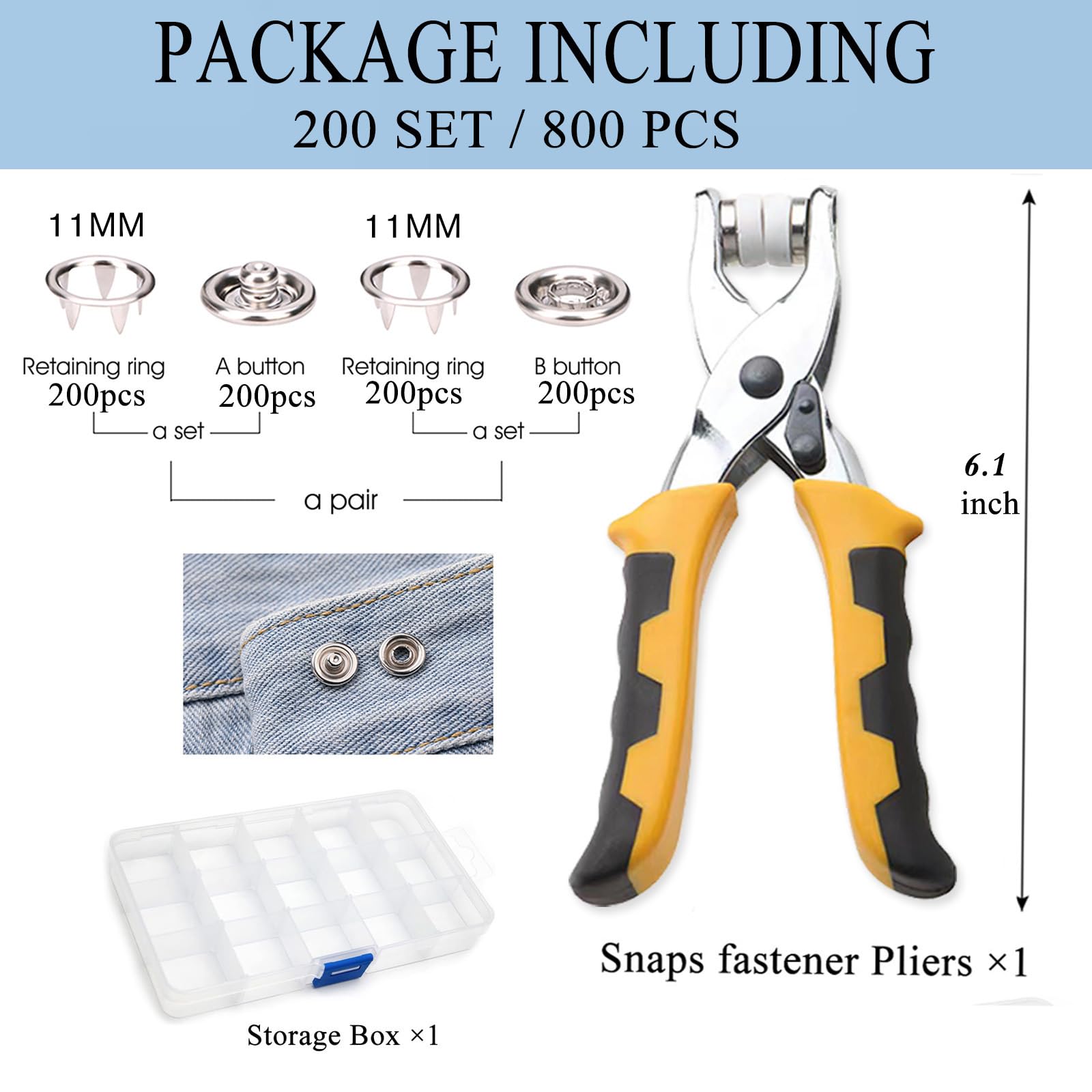 GTAAOY - 800 botones de metal con alicates de sujeción, kit de herramientas de prensa resistente perfecto para manualidades, ropa, kit de cierres de botón a presión para coser ropa (800 piezas/200