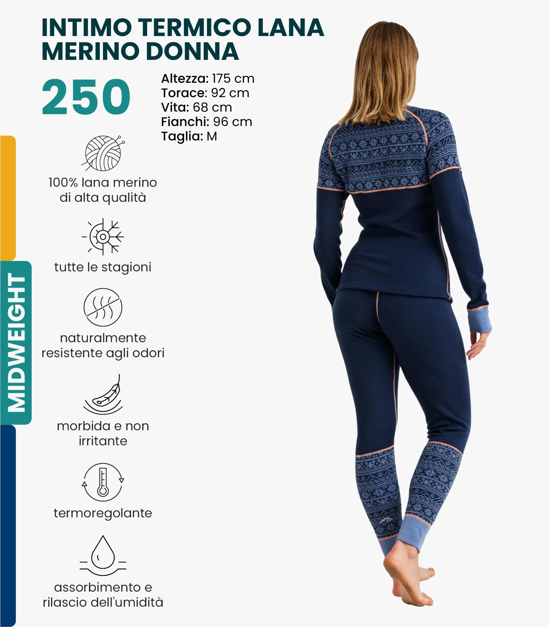 Merino.tech Completo Lana Donna Merinos - Intimo Termico Merino Maglia e Pantalone con Calzini Leggero, Medio, Pesante