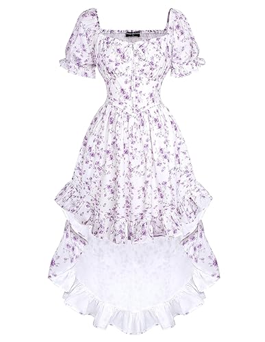 Scarlet Darkness Women Summer Cottagecore Dress Floral Print Corset Puff Sleeve High Low Dress - Purple Floral - XX-Large
