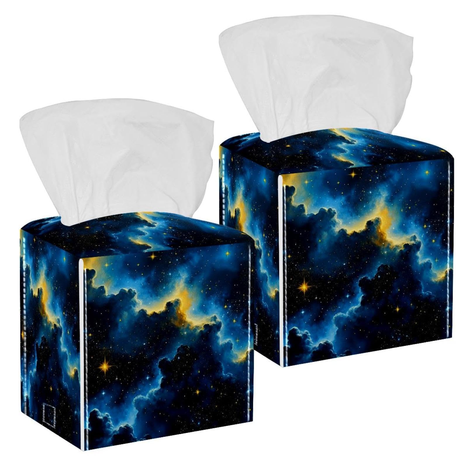 Stars Nebula Tissue Box Cover, 2 Pack PU Leather Square Facial Tissue Dispenser Box holder for Home Office Car