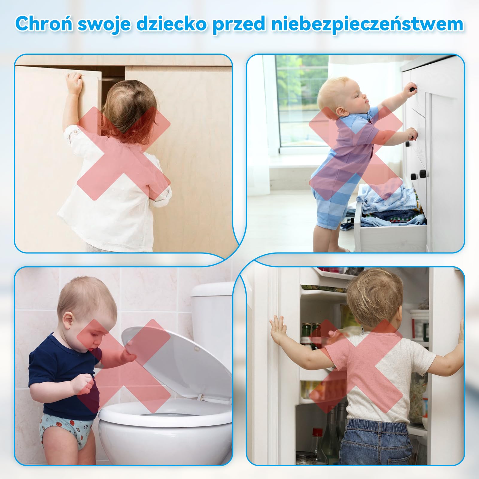Bezpieczne zamki do szafek dla dzieci, 6-częściowe podwójne zamki zabezpieczające przed dziećmi, regulowane zamki zabezpieczające dla dzieci do szafek, szuflad, lodówki, toalety (biały)