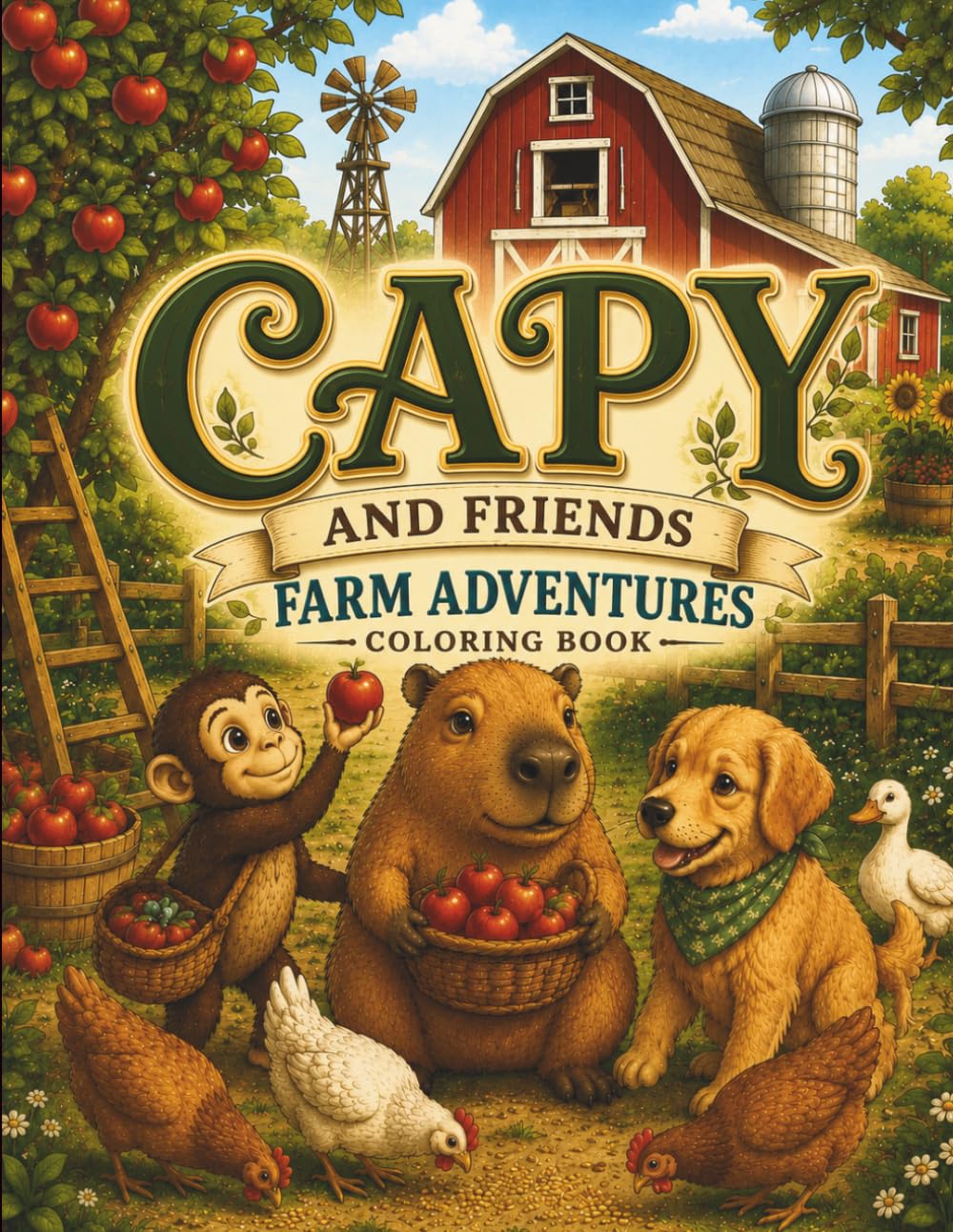 Capy and Friends Farm Adventures: 40 Fun Farm Coloring Pages with Capy, Monkey, Dog and Cute Farm Animals
