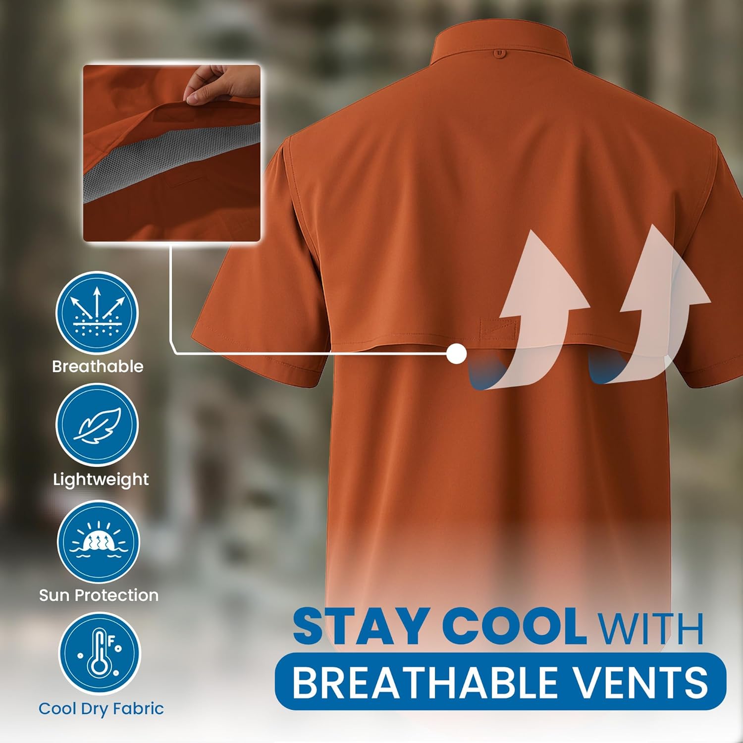 Men's Short Sleeve Fishing Button Down Shirt, Breathable Outdoors Casual Lightweight Shirt, Burnt Orange Small