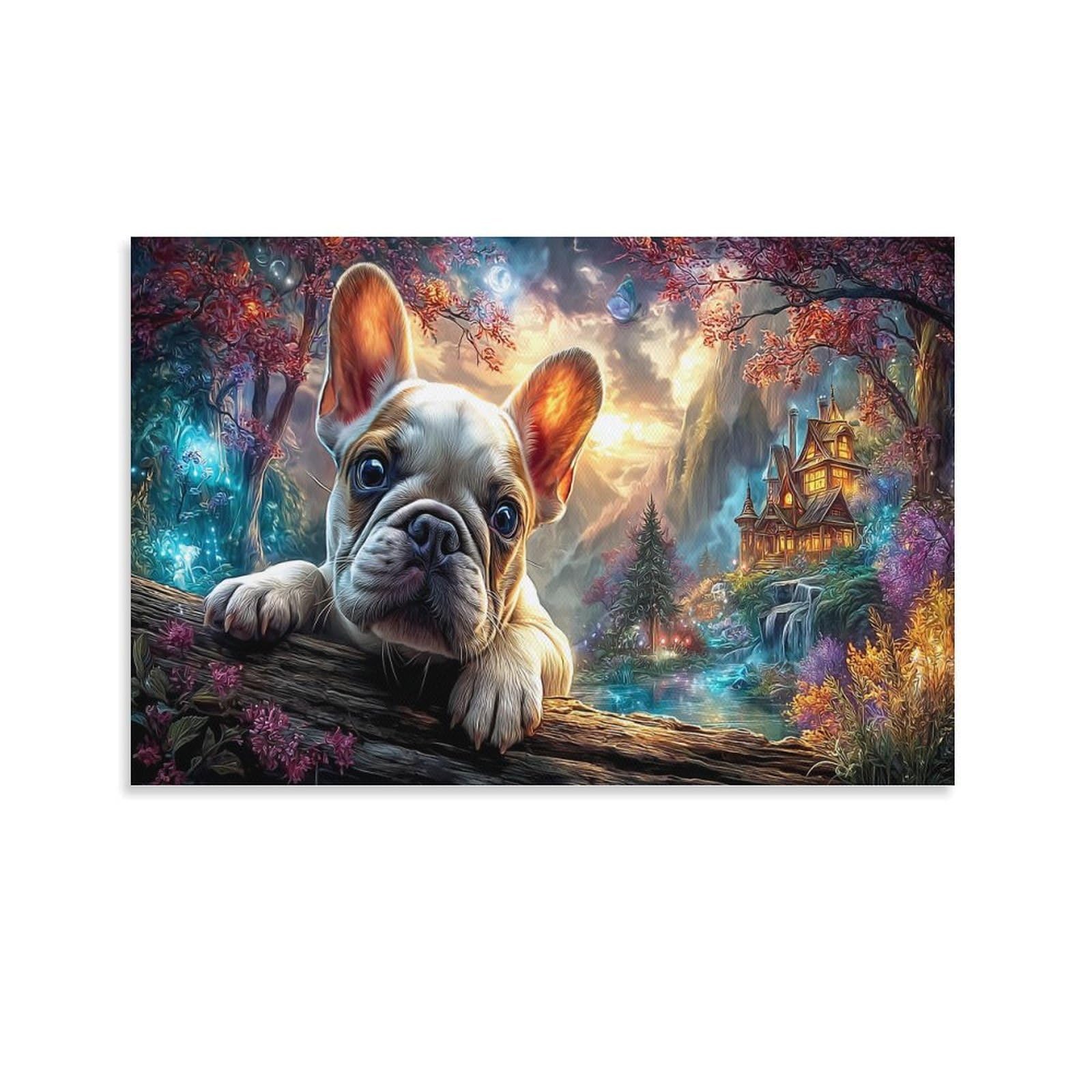XPASHIQWC French Bulldog Poster Artwork Stream Cabin Giclee Canvas Prints Modern Wall Art Picture Wall Hanging for Office Gym Living Room Decor 20x30inch(50x75cm)