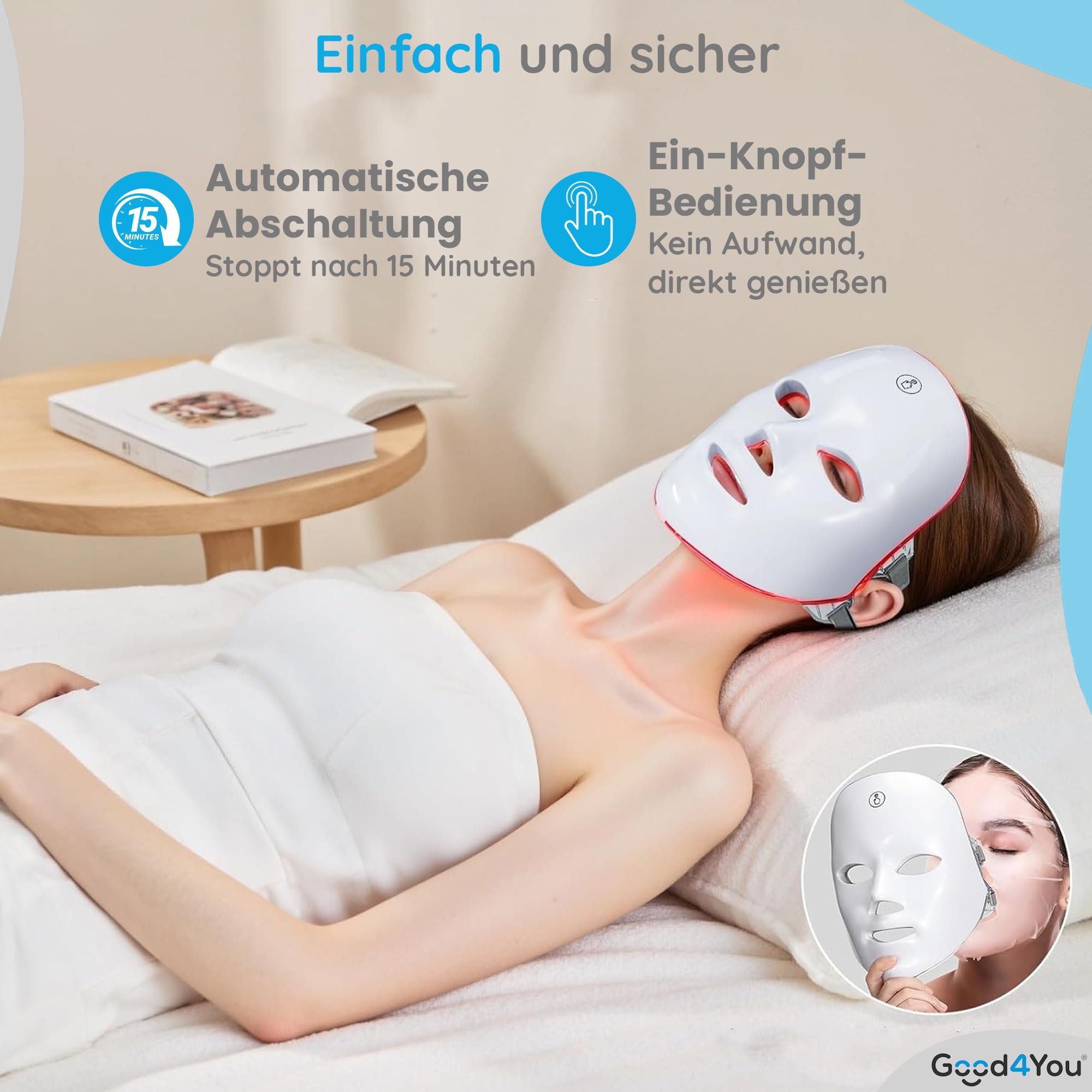Good4You - LED-Gesichtsmaske - LED-Maske - LED-Maske Hautpflege - LED-Therapie - Gesichtsmaske - Akne-Behandlung - Infrarot-Therapie - Infrarotlampe - Lichttherapie- 7 Farben - Timer - Weiß