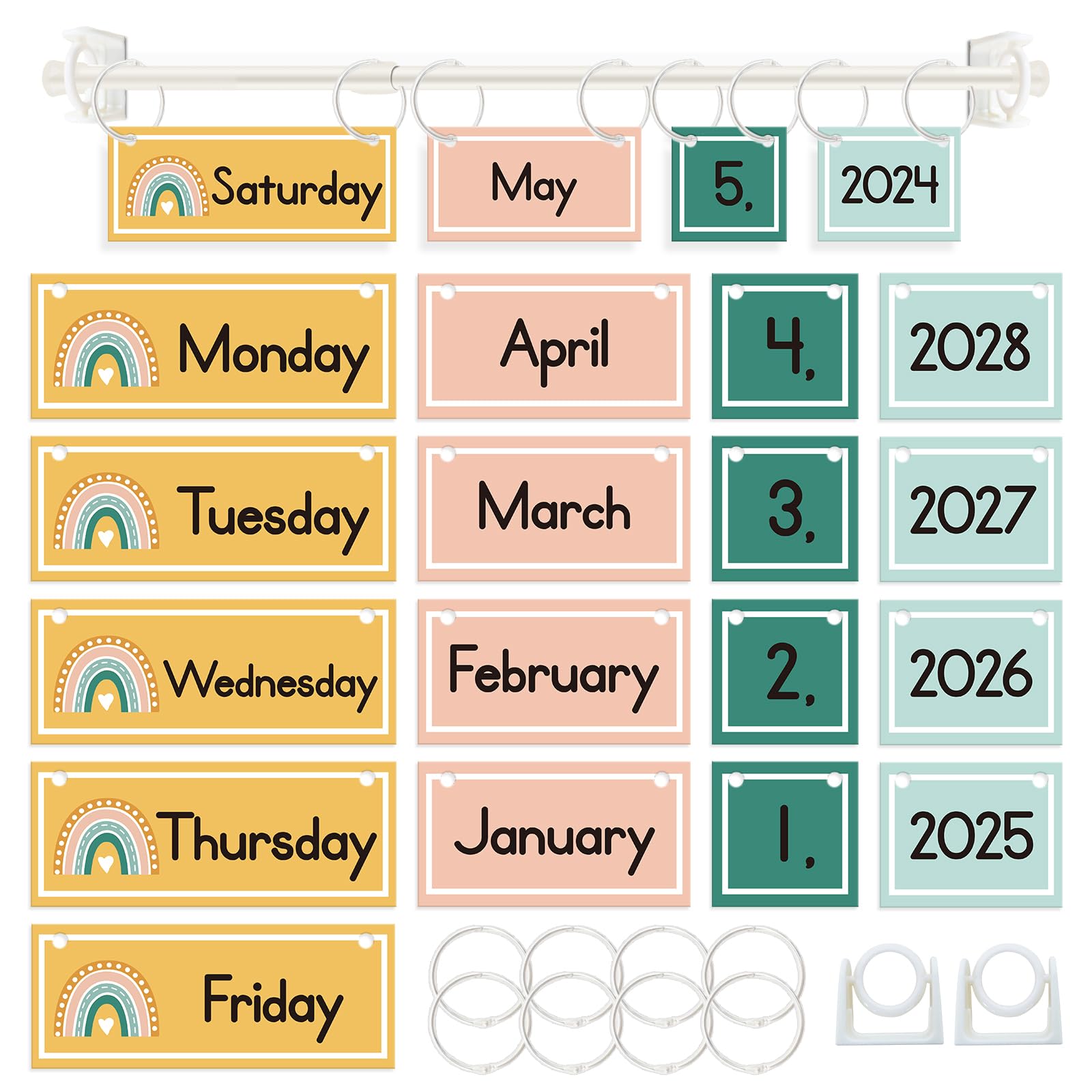 EAMAY Classroom Boho Rainbow Flip Calendar Chart Set wtih 55 Cards and Hanging Rod, Colorful Classroom Decor for Teacher Supplies Must Haves!