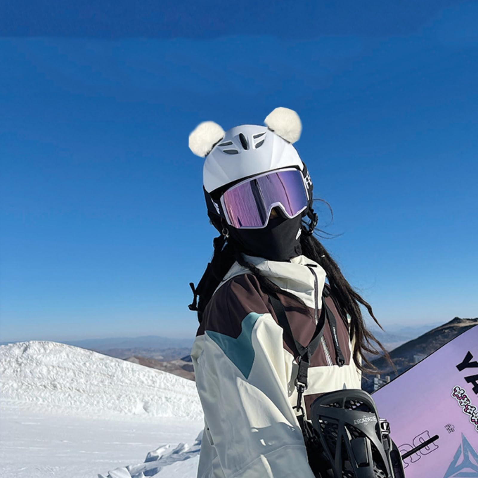 Golden Apple Cute Fuzzy Bear Ear Motocycle Helmet Decor with Sticker Plush Ski Helmet Bike Helmet Accessory Decoration (White) - Image 3