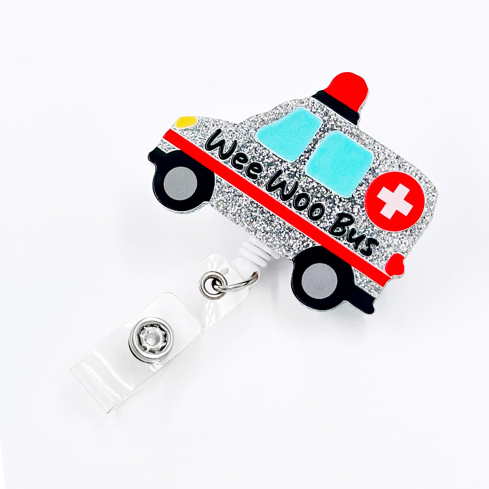 Tian Zhun Wee Woo Ambulance Badge Reel Retractable with ID Clip Funny Acrylic Badge Clip for ER Hospital Medical Name Tag Holder