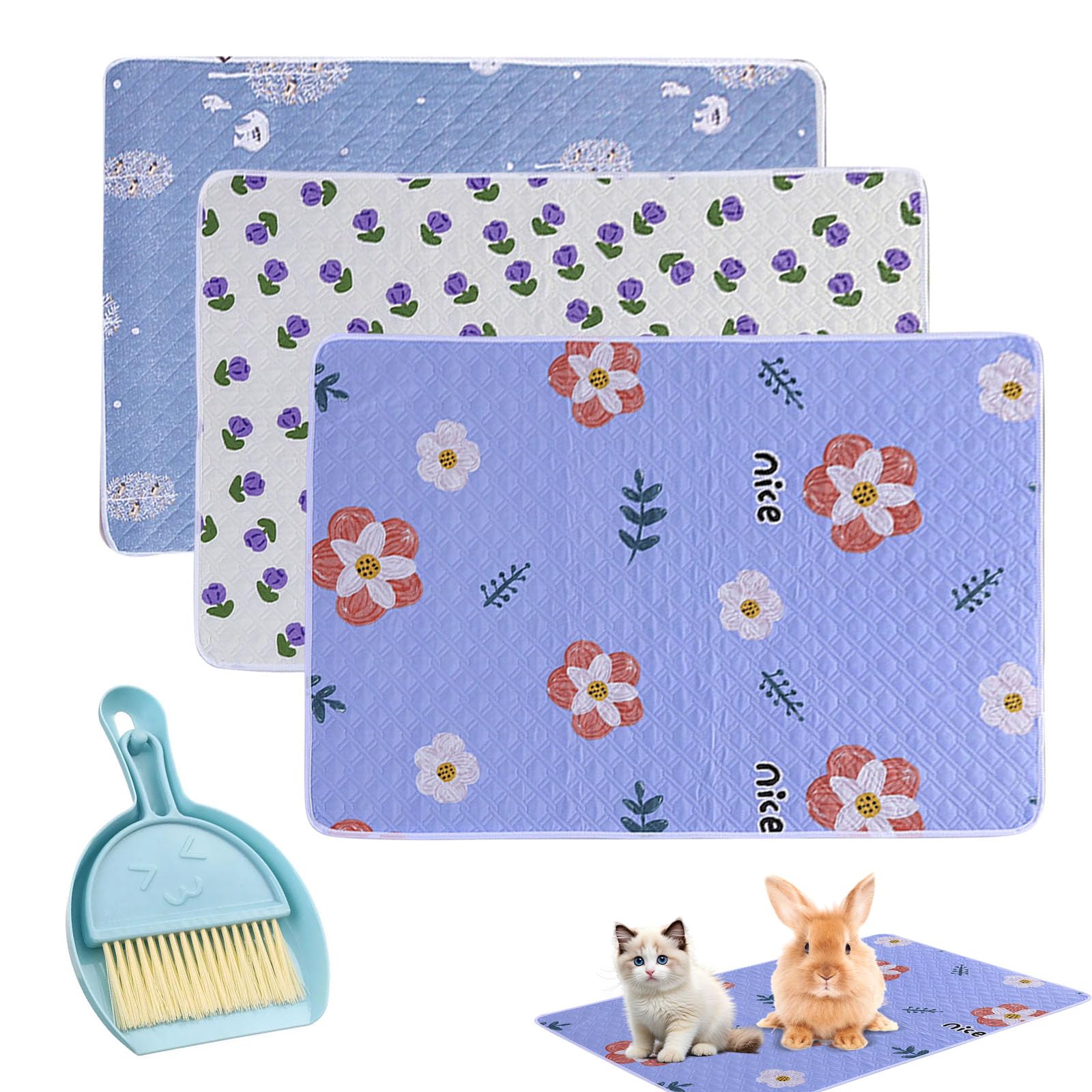 Guinea Pig Cage Liner with Cleaning Tool Set, 3 Pcs Guinea Pig Cage Liner, Fast Water Absorption Pee Pads, Washable Air Dried Pee Mat Suitable for Small Animals Hamsters Cats Rabbits (70*90cm)