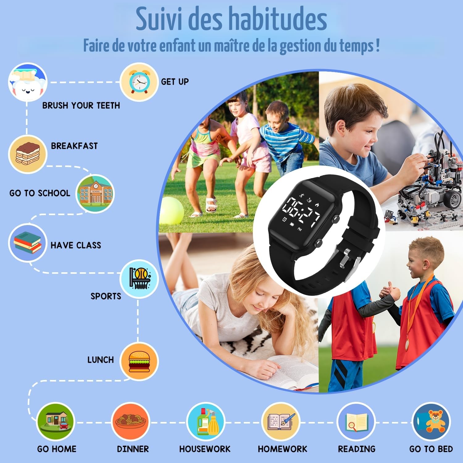 caprock Montre Numérique LED Podomètre pour Enfants, Montres Sport pour Fille Garcon étanche 50 ATM Montre Digitale Enfant avec calcul de la Distance/Vibration, Double réveil/chronomètre