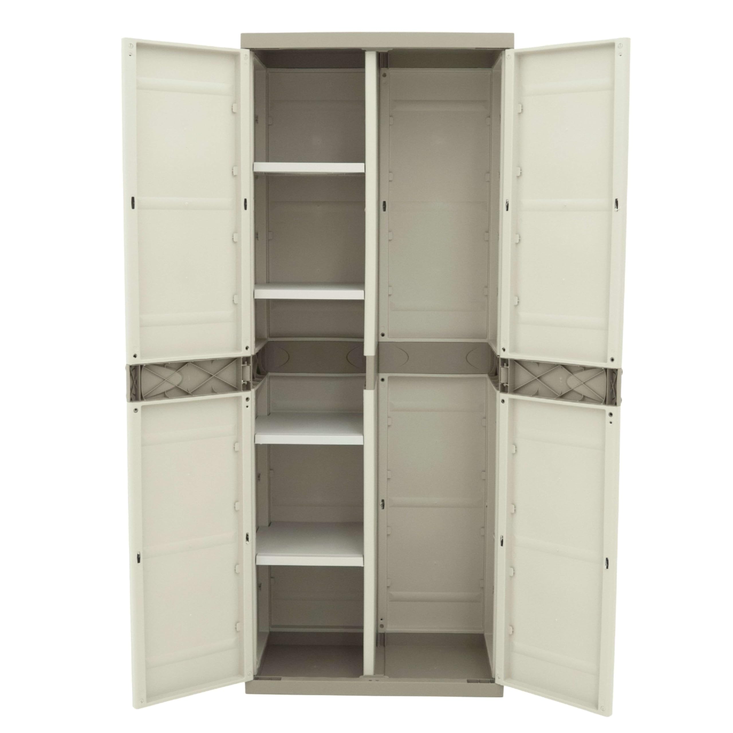 Miroytengo Armario Escobero de Jardín Titanium, Armario Resina 2 Puertas 4 Estantes Regulables Beige 70x176x41 cm