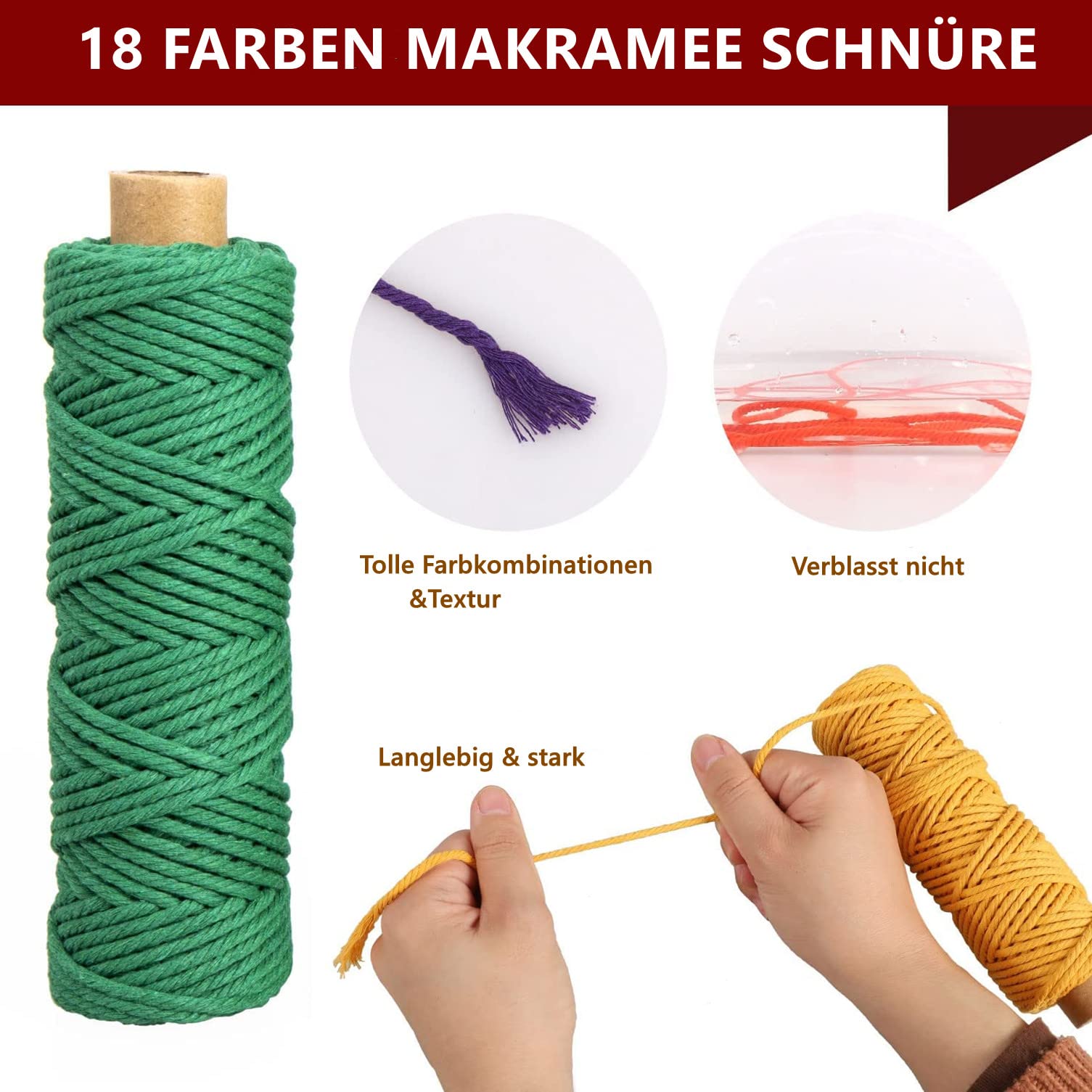 Filato macramè, 3 mm x 30 m, 18 pezzi di filo 'cotone', per fai da te, lavori a maglia, boho, decorazione da parete, soggiorno, balcone, camera da letto