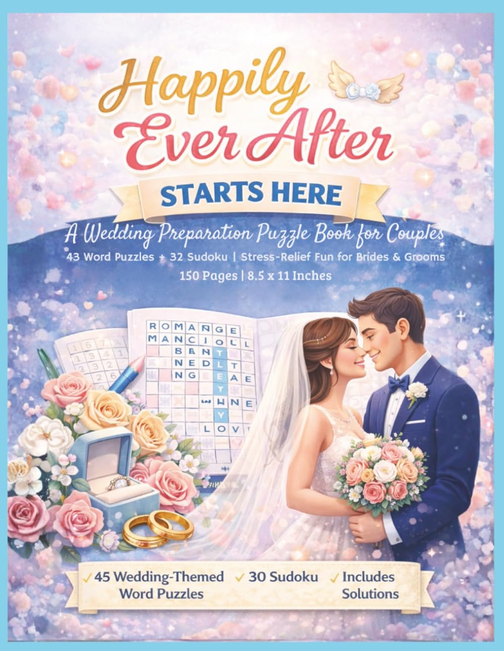 Happily Ever After Starts Here: A Wedding Preparation Puzzle Book for Couples 45 Word Puzzles + 30 Sudoku | Stress-Relief Fun for Brides & Grooms 150 Pages | 8.5 x 11 Inches