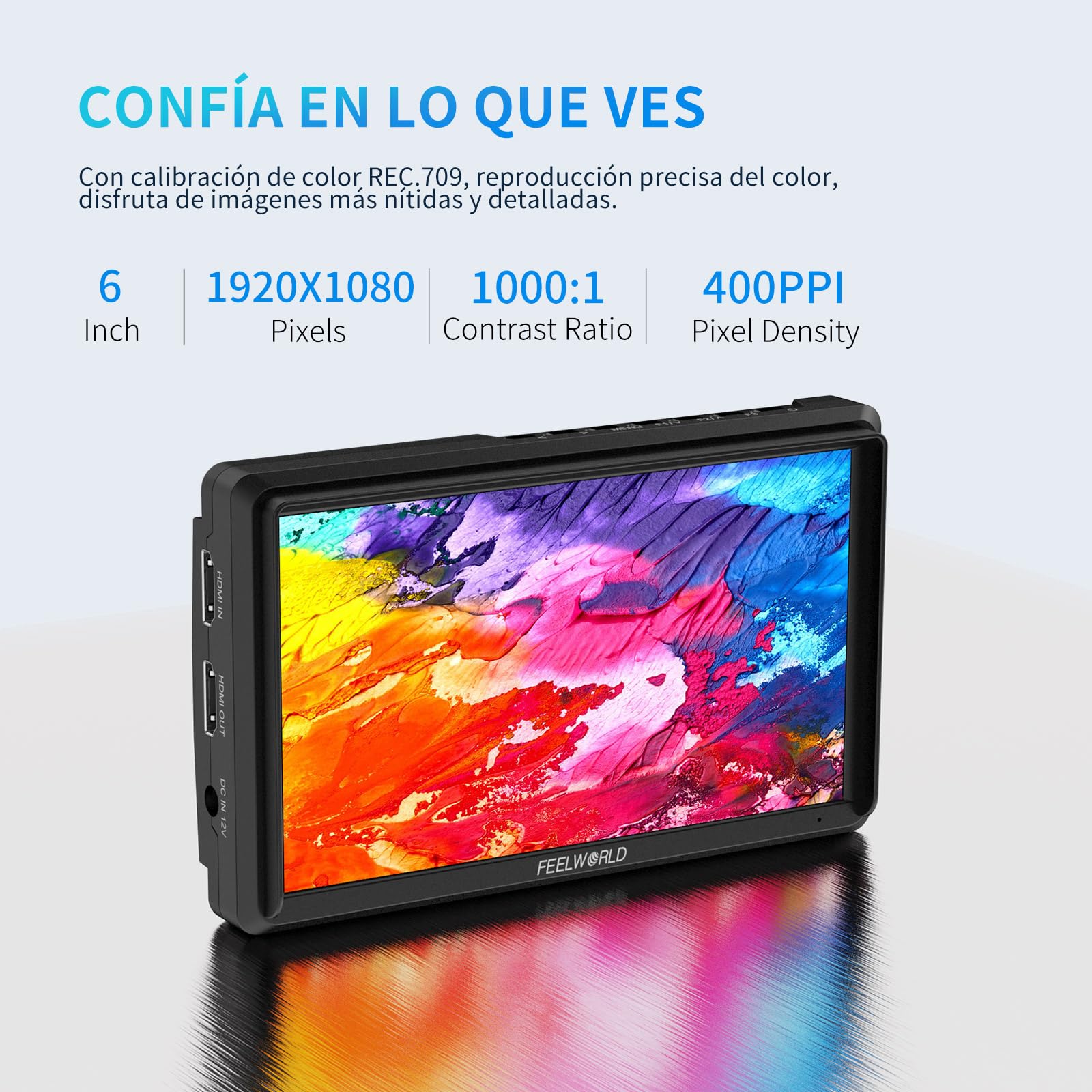 FEELWORLD FW568 V3 Monitor de Campo DSLR de 6 Pulgadas con Batería F550 de 2200 mAh y Estuche de Transporte, LUT de Forma de Onda Video Peaking Focus Assist 1920x1080 IPS 4K Salida de Entrada HDMI