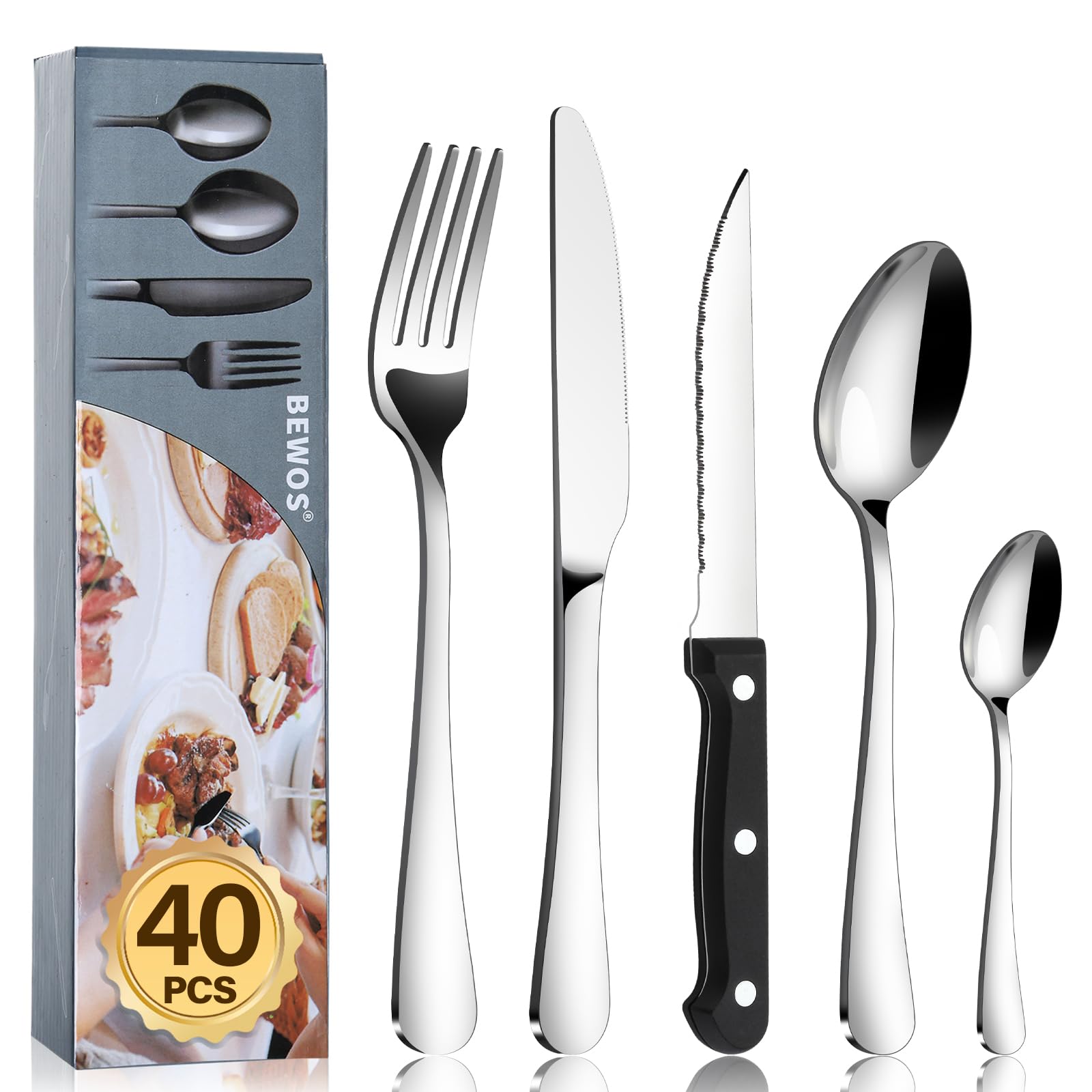 BEWOS 40-Piece Cutlery Set with 8 Triple Riveted Steak Knives, Stainless Steel Silverware Tableware Set for Kitchen, Mirror Polished Knives, Forks and Spoons Cutlery Set for 8, Dishwasher Safe