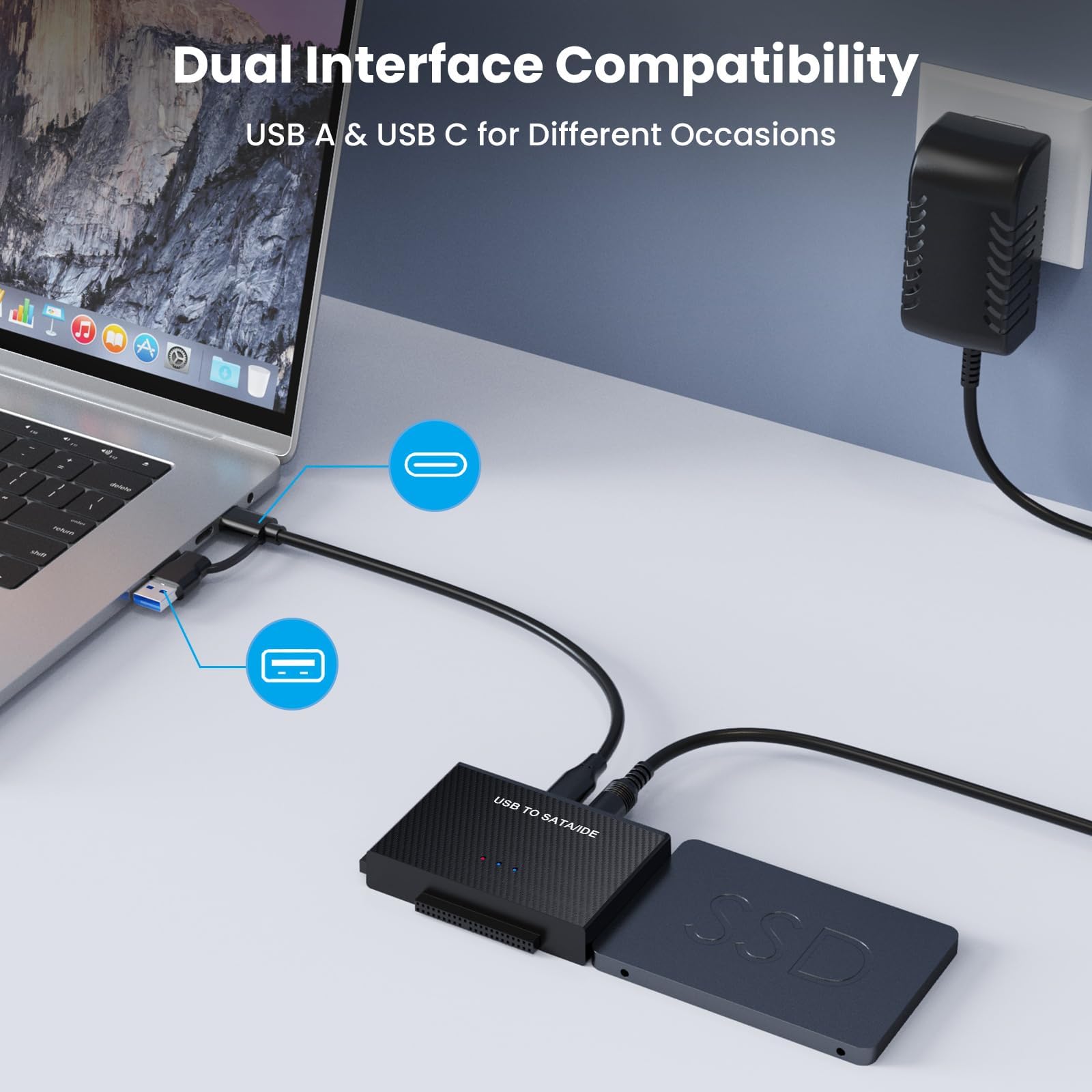 IDE adapter USB, USB 3.0, adapter do dysków twardych z zasilaczem 12 V 2 A do 2,5 i 3,5-calowego HDD/SSD, adapter IDE SATA kompatybilny z Windows 10/8/7/XP/Vista, Mac OS, Linux itp