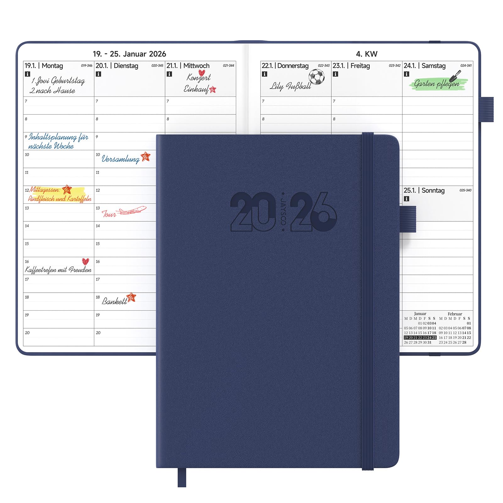 JAYSOO® Kalender 2026, A4 Wochenplaner 21x28cm Tageplan und Stundenplan, 12 Monate Terminplaner Hardcover (Jan.-Dez.2026) für Arbeit, Lernen und Familienplan - Blaugrün