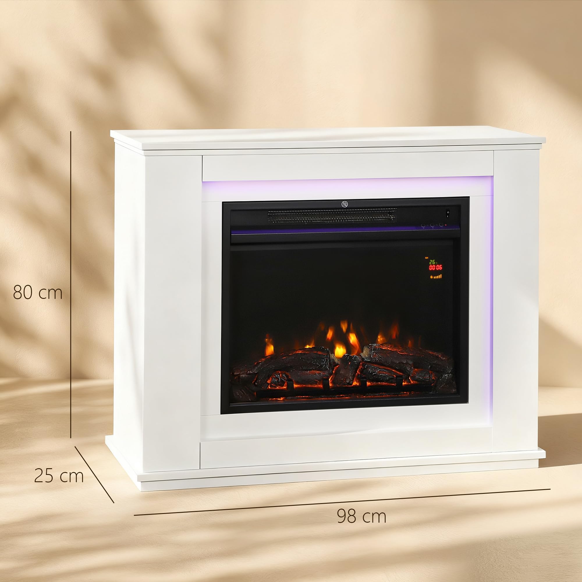 HOMCOM Camino Elettrico da Incasso Effetto Fiamma 3D 2000W 30㎡ Bianco | Realistico, Caminetto Elettrico Silenzioso, Luce 12 Colori, Termostato, Riscaldamento Regolabile, Timer, Telecomando