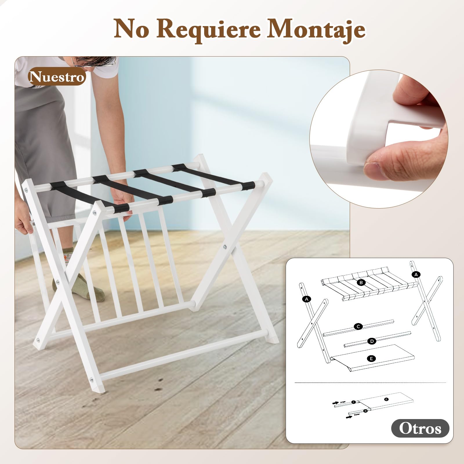 COSTWAY Soportes para Maletas Plegable, Estante Bastidor para Equipaje de Metal con 4 Correas para Hogar Hotel, Portaequipajes Plegable para Maleta, Reposa Maletas Hotel, 68 x 43 x 58 cm (2, blanco)